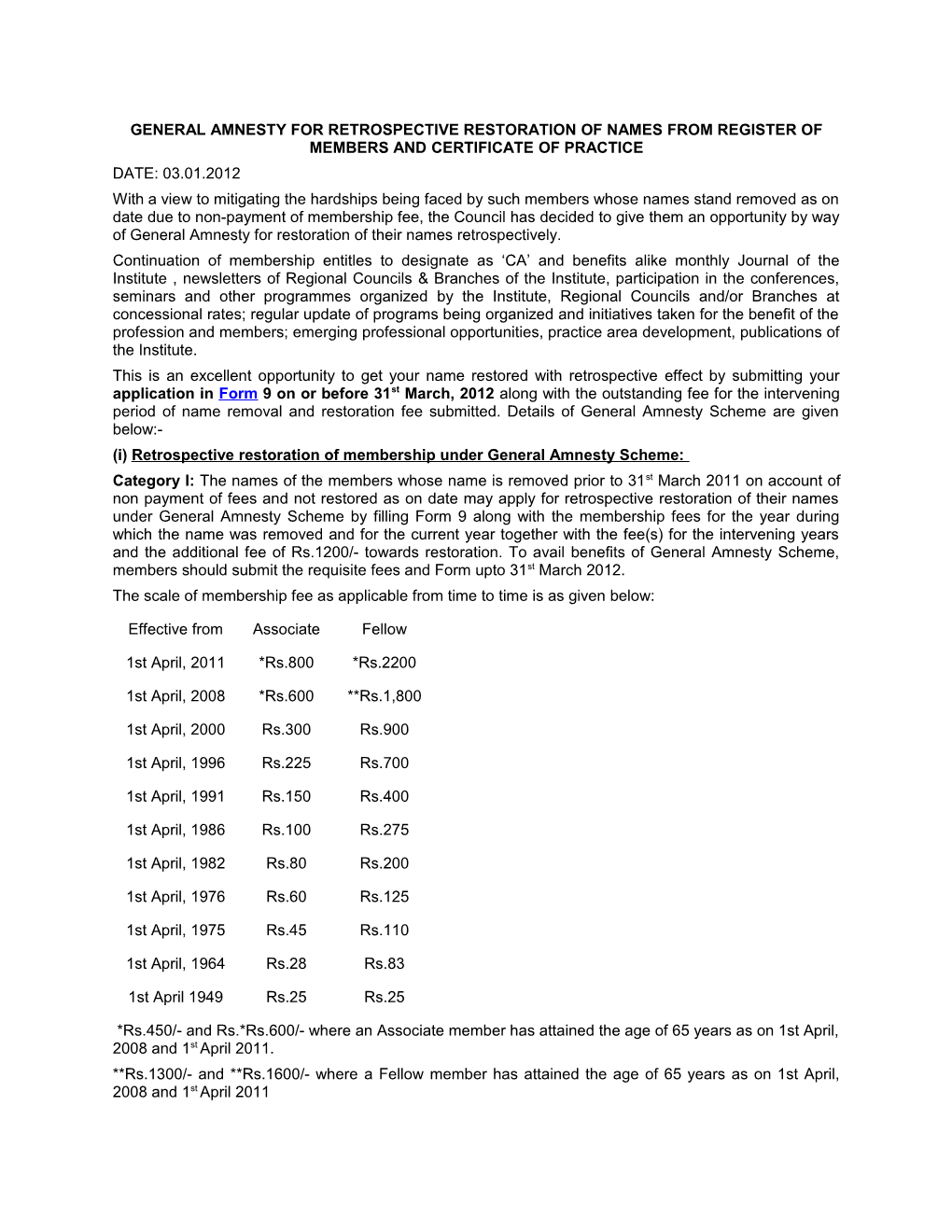 General Amnesty for Retrospective Restoration of Names from Register of Members and Certificate