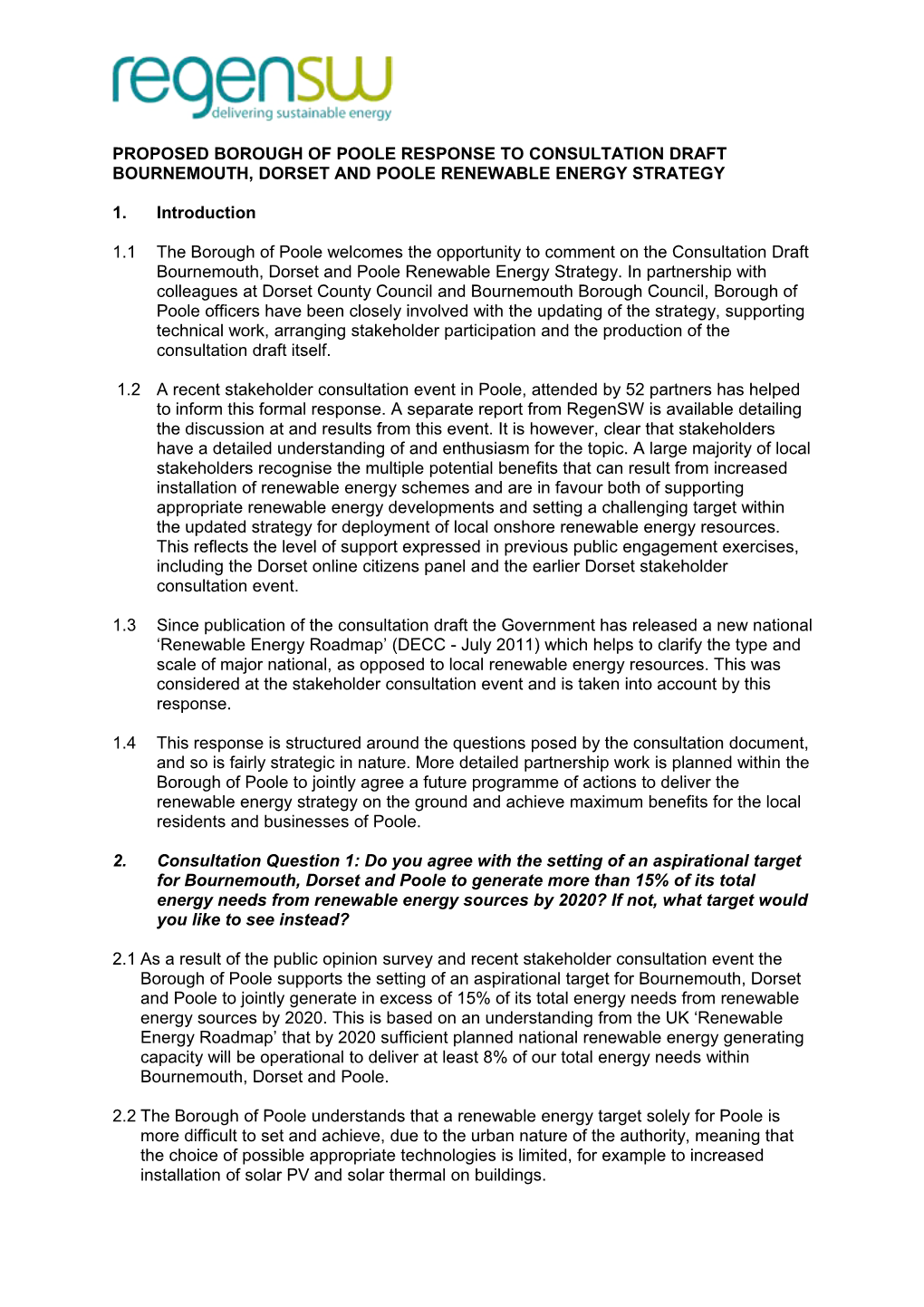 Proposed Dorset County Council Response to Consultation Draft Bournemouth, Dorset and Poole