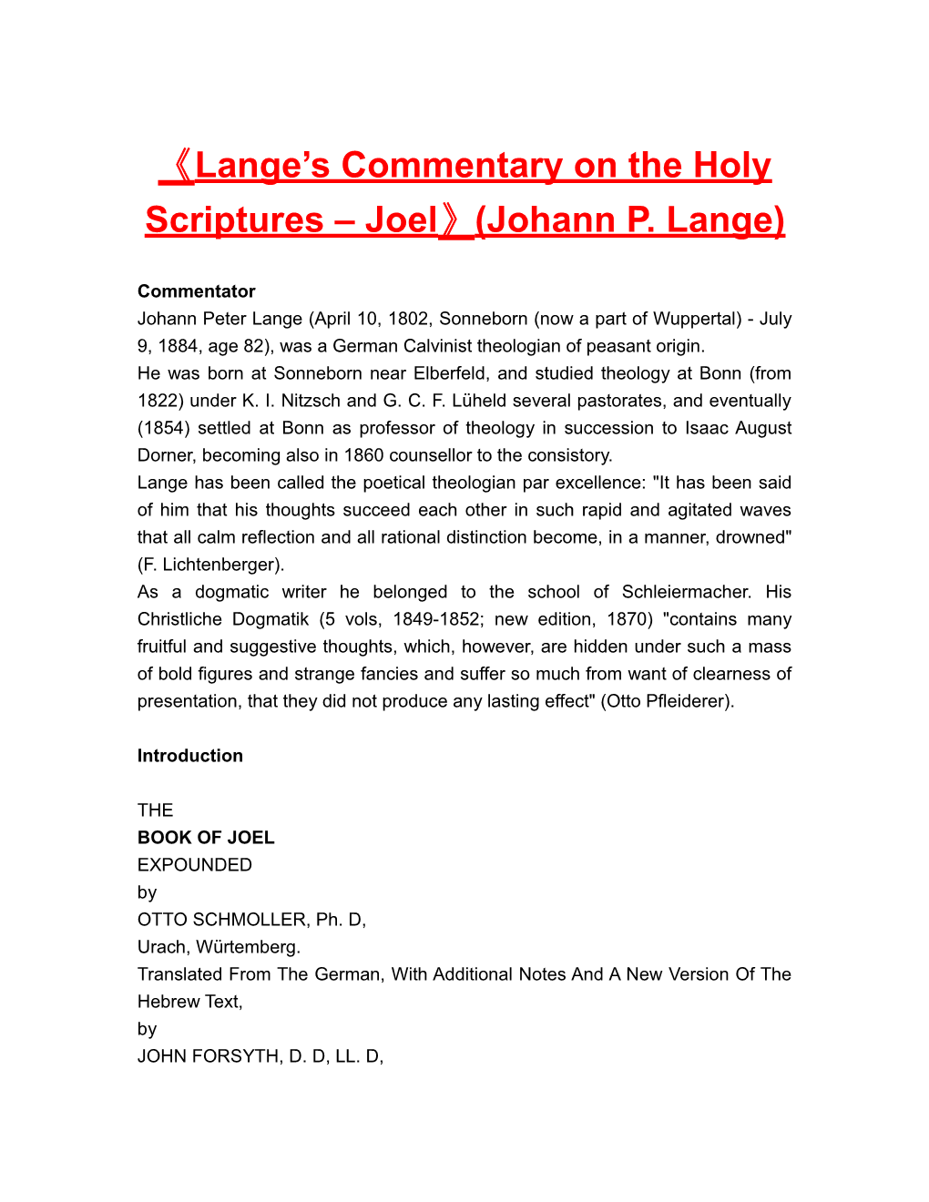 Lange S Commentary on the Holy Scriptures Joel (Johann P. Lange)
