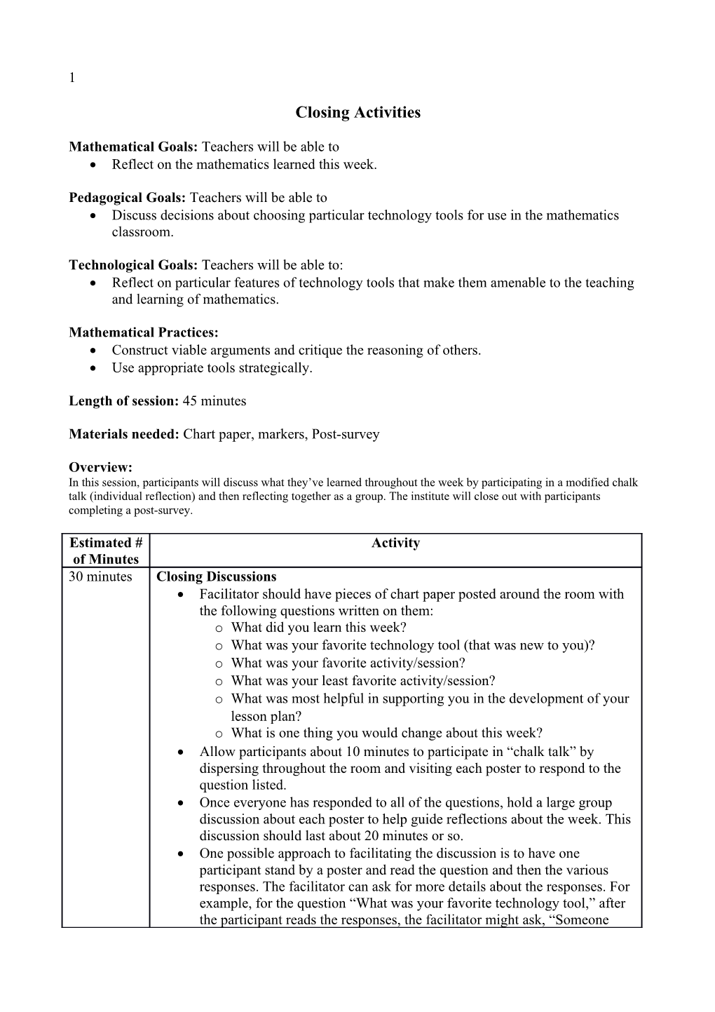 Closing Activities