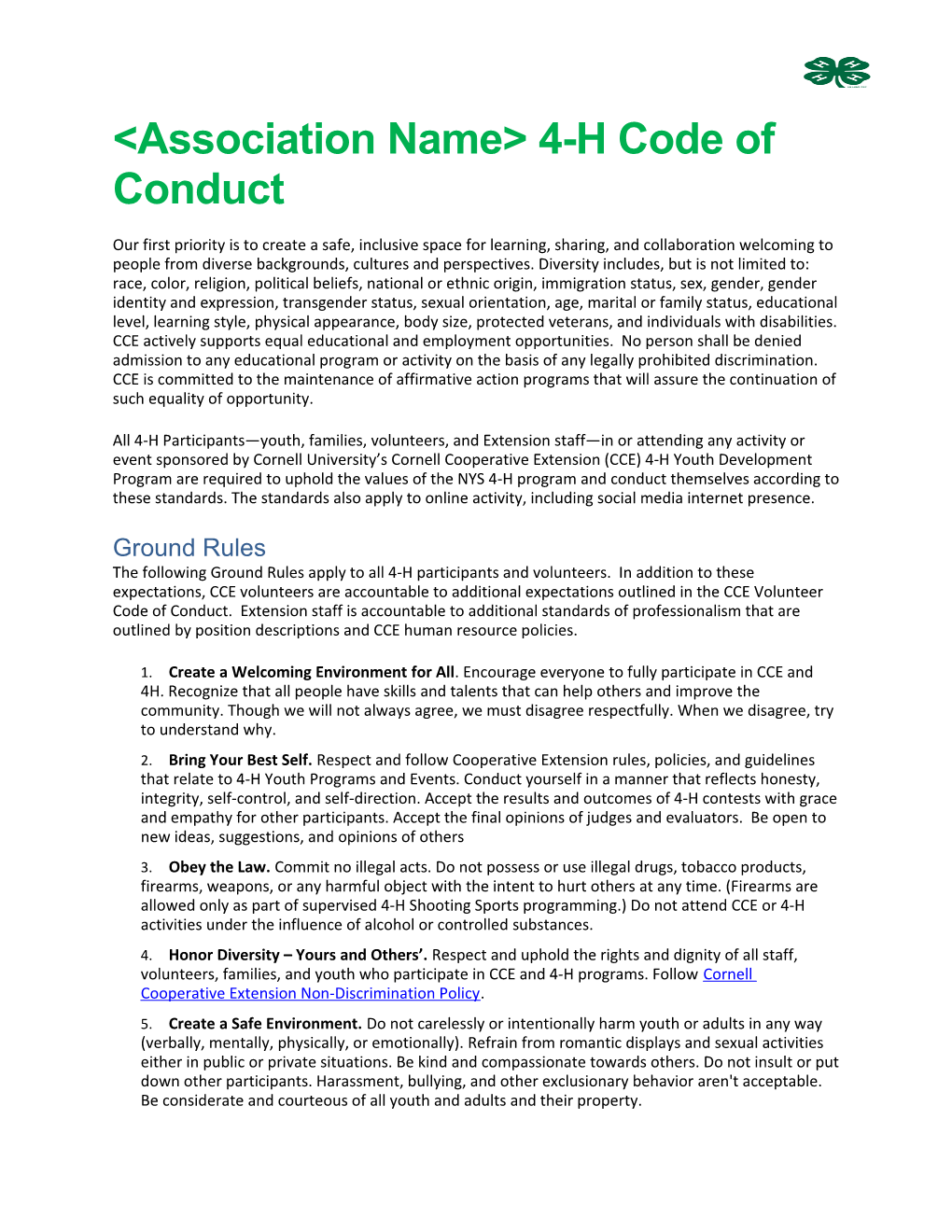 &lt;Association Name&gt; 4-H Code of Conduct