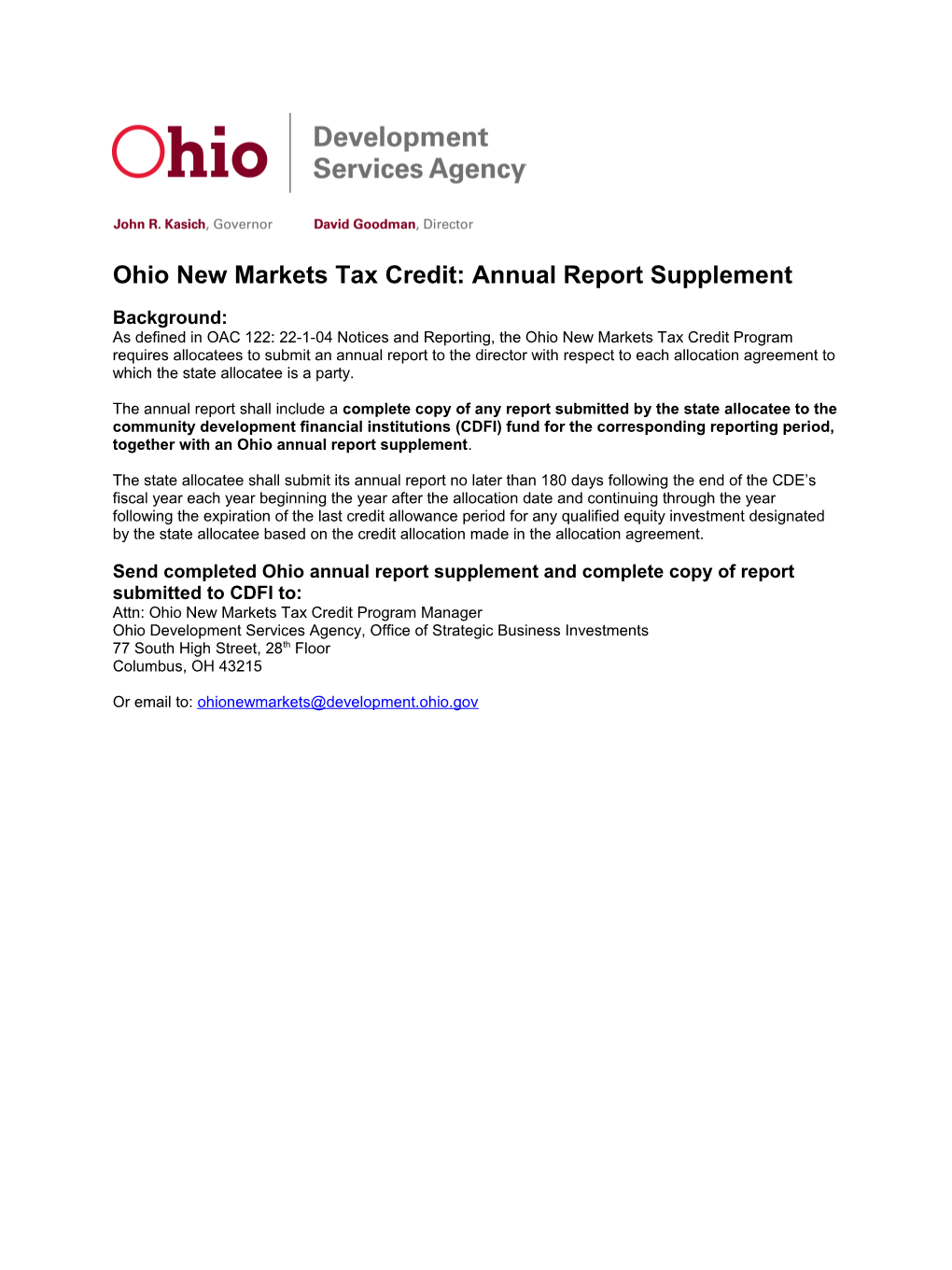 Ohio New Markets Tax Credit: Annual Report Supplement