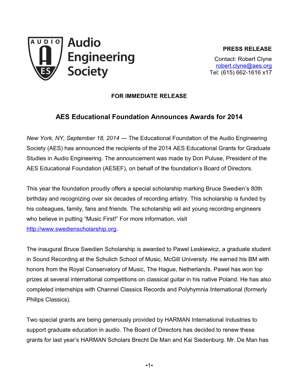 AES Educational Foundation Announces Awards for 2014