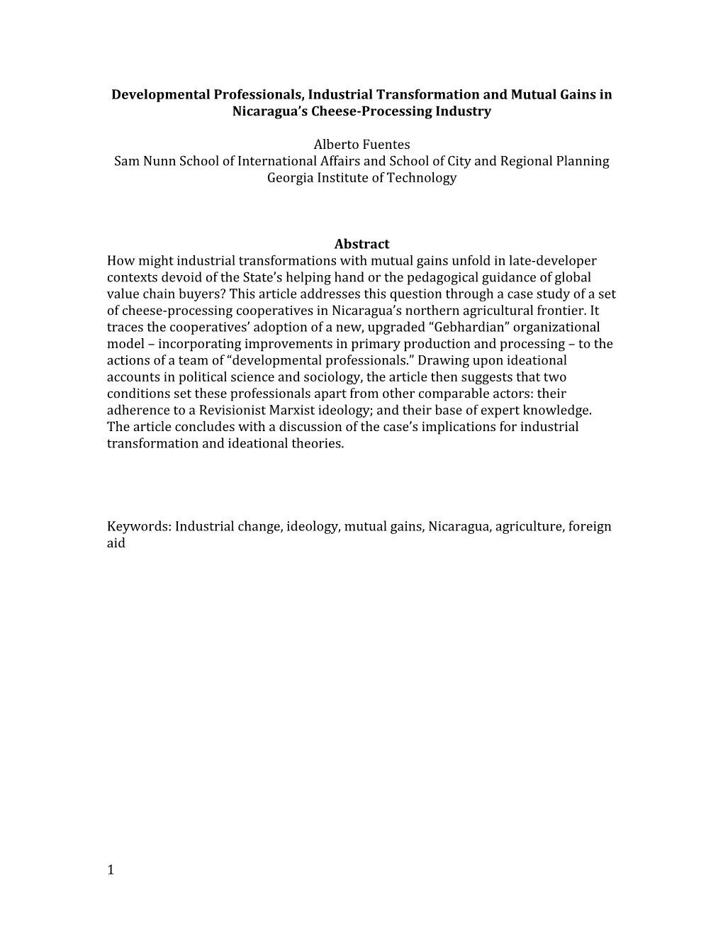 Developmental Professionals, Industrial Transformation and Mutual Gains in Nicaragua S