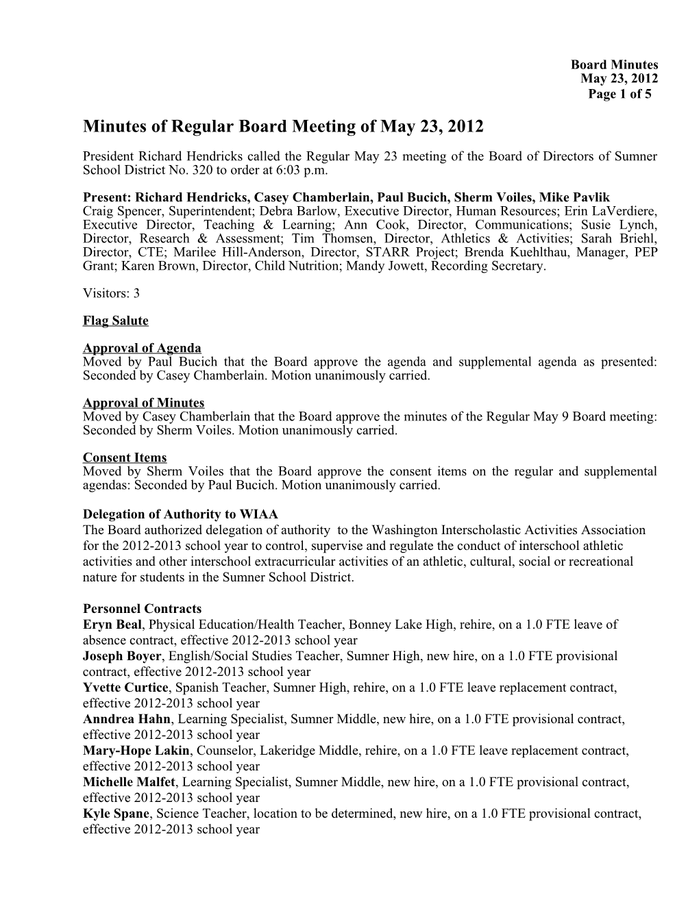 Minutes of Regular Board Meeting of May 23, 2012