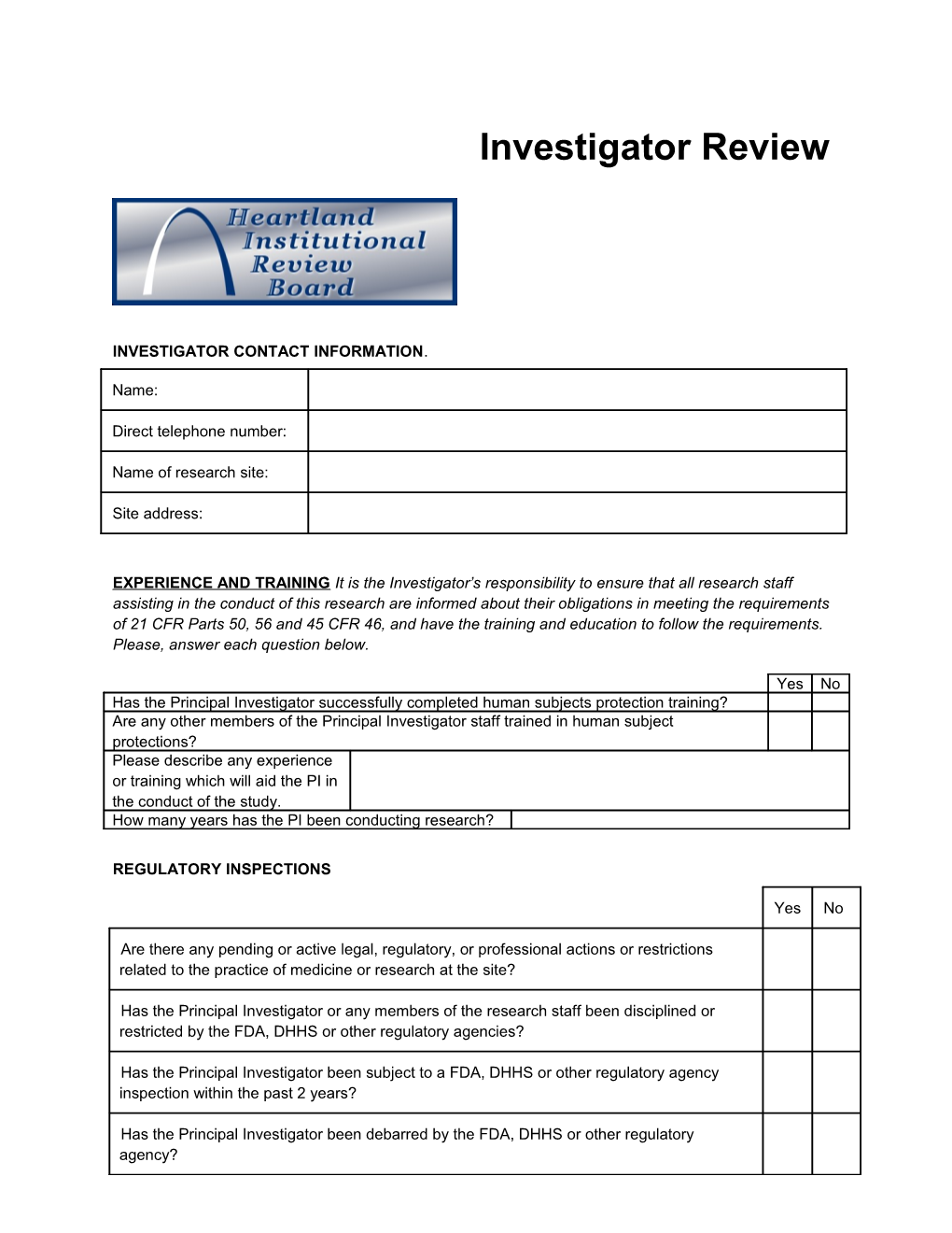 Investigator Contact Information