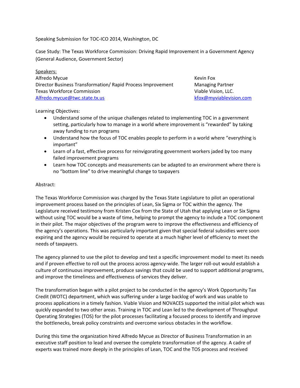 Speaking Submission for TOC-ICO 2014, Washington, DC