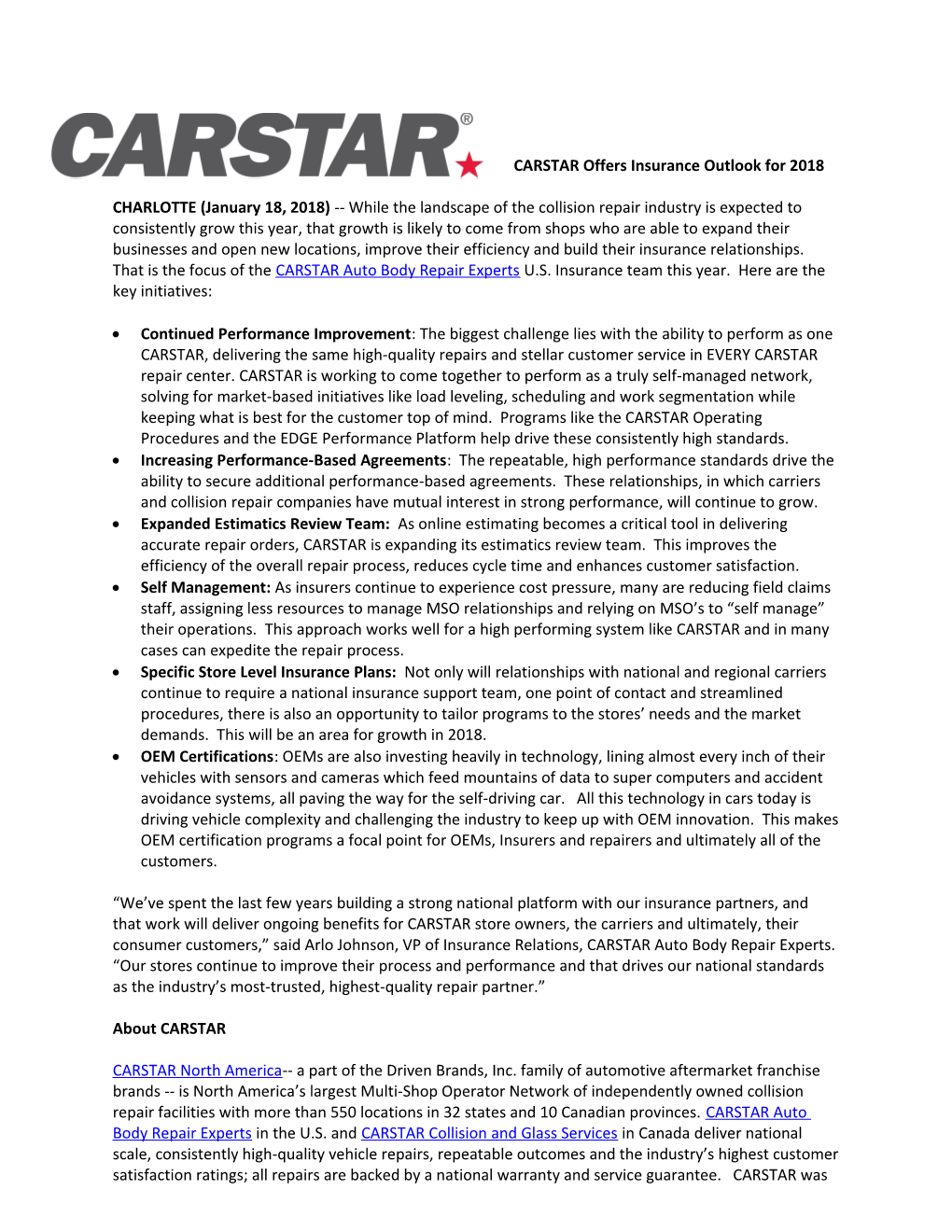 CARSTAR Offers Insurance Outlook for 2018