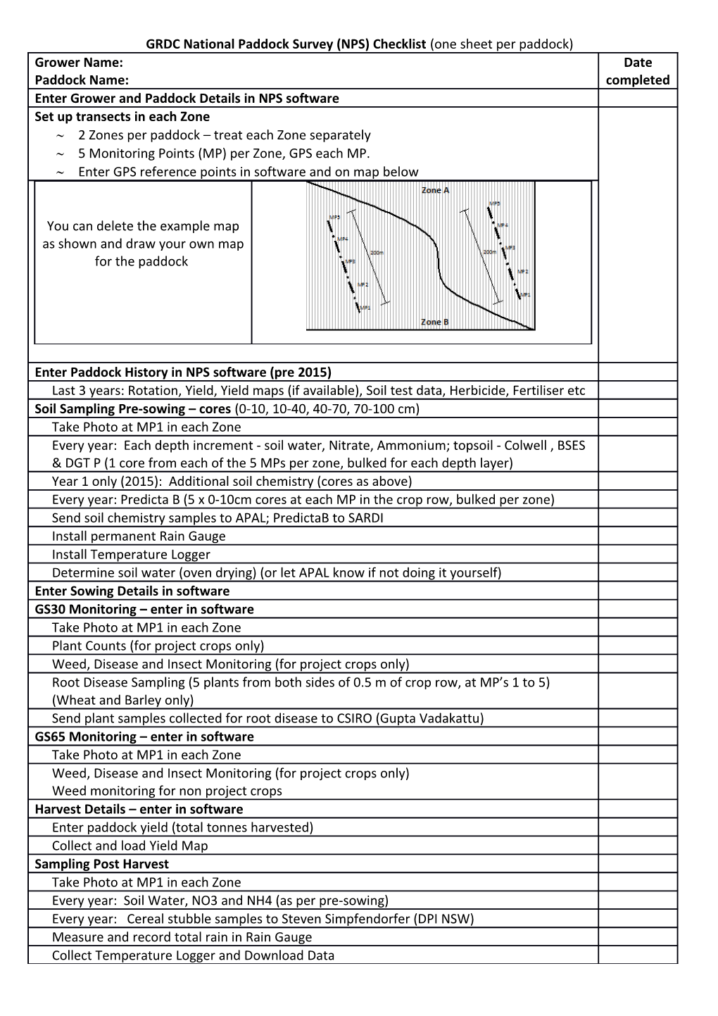 GRDC National Paddock Survey (NPS) Checklist (One Sheet Per Paddock)