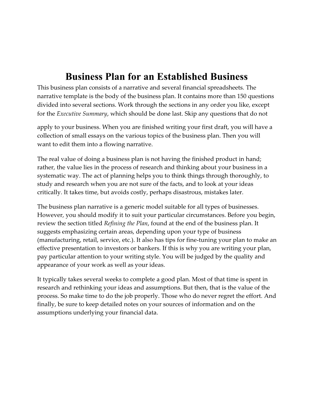 Business Plan for Established Business Template