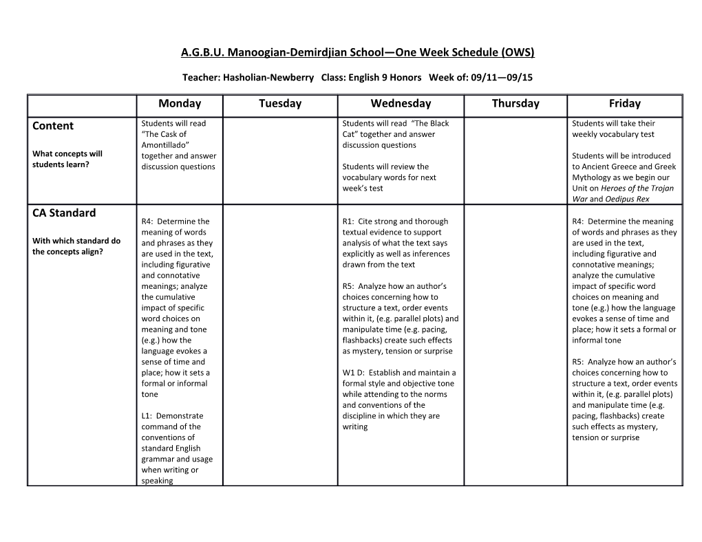 A.G.B.U. Manoogian-Demirdjian School One Week Schedule (OWS) s1