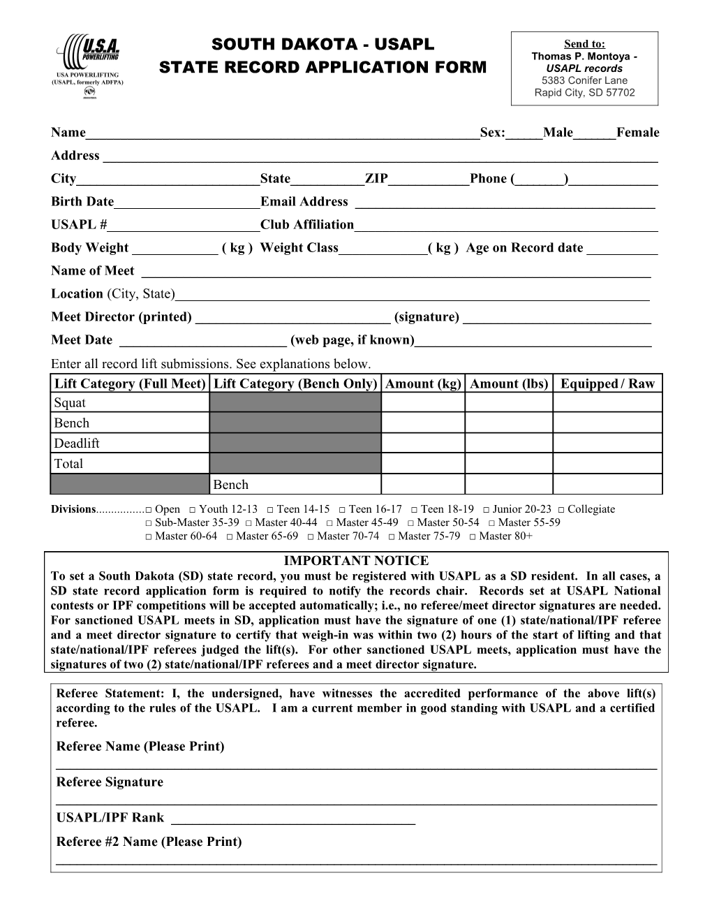 South Dakota Usapl State Record Application Form