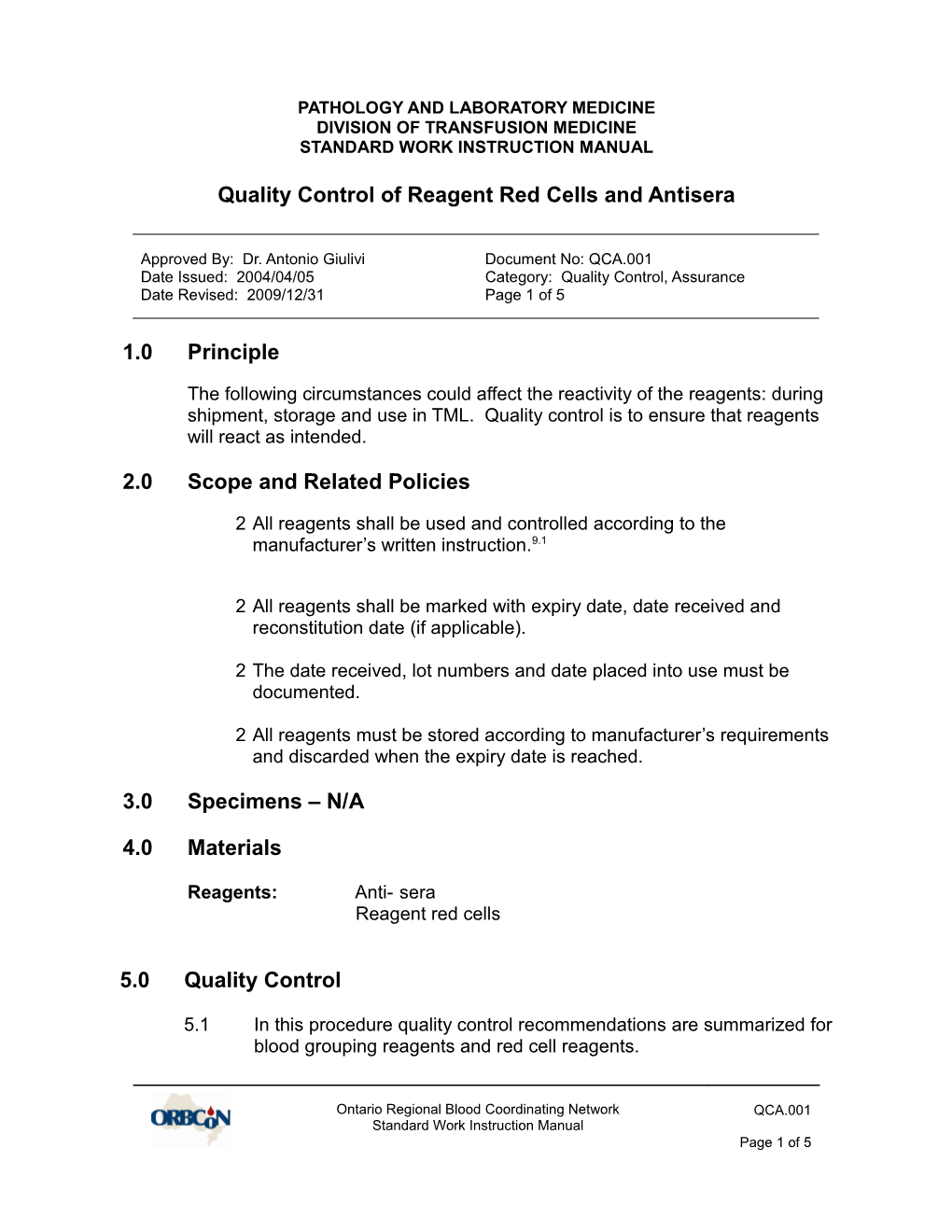 QCA.001 - Quality Control of Reagent Red Cells and Antisera