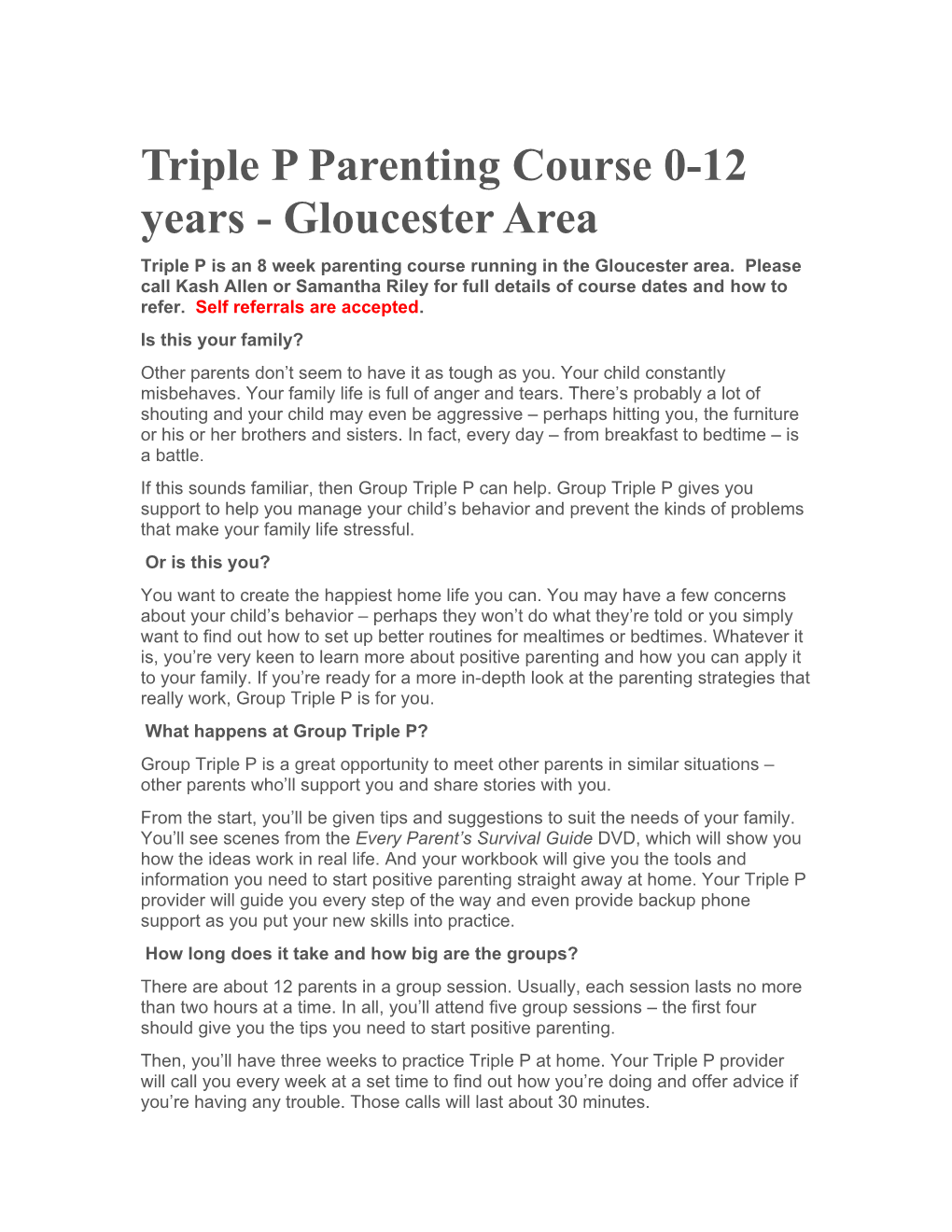 Triple P Parenting Course 0-12 Years - Gloucester Area