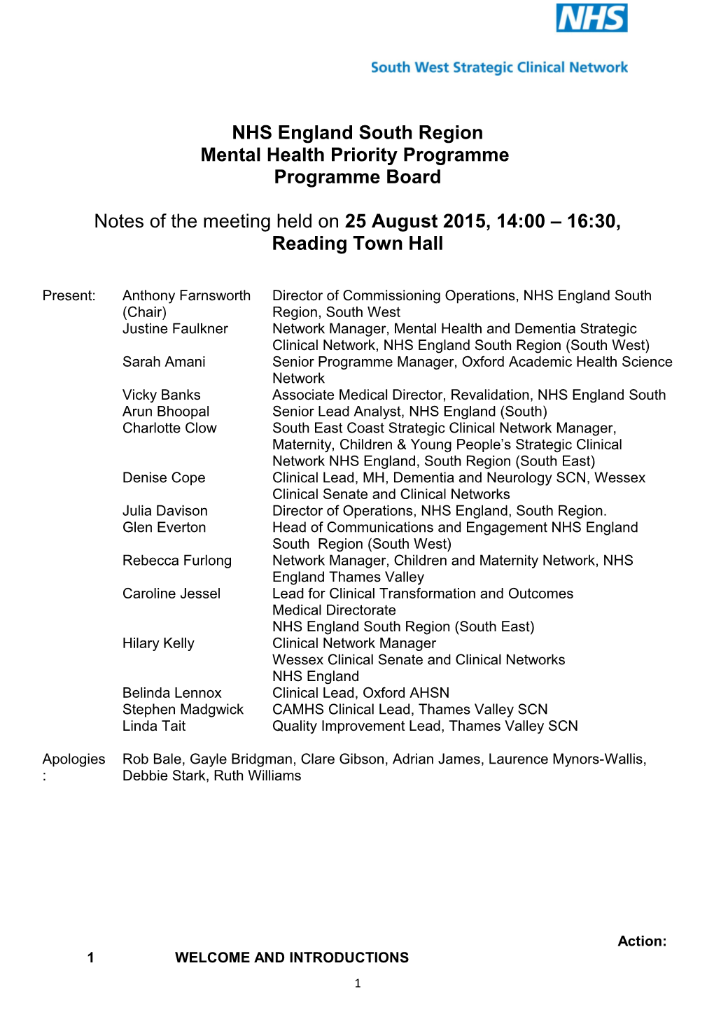 NHS England South Region Mental Health Priority Programme Programme Board