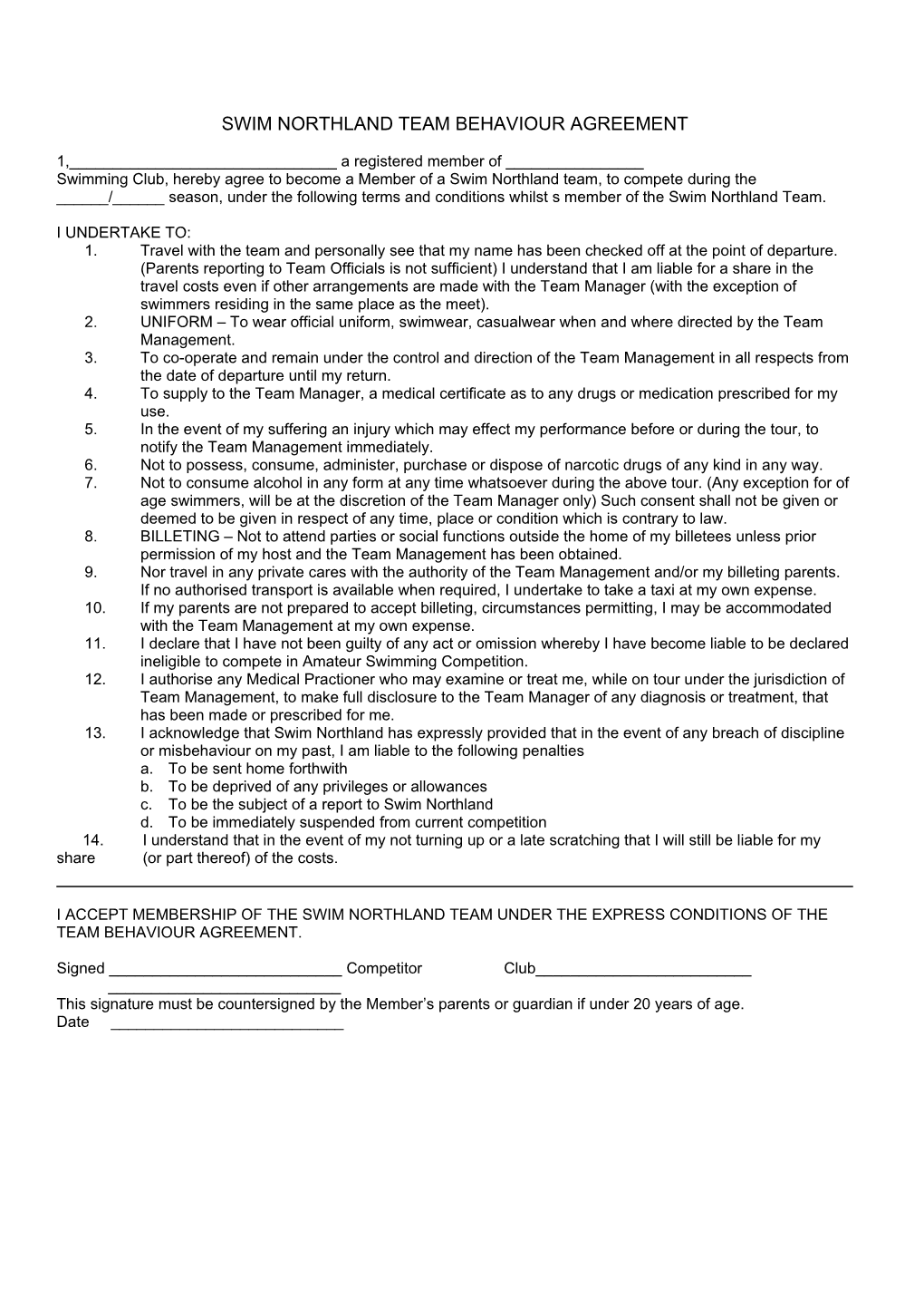 Swim Northland Team Behaviour Agreement