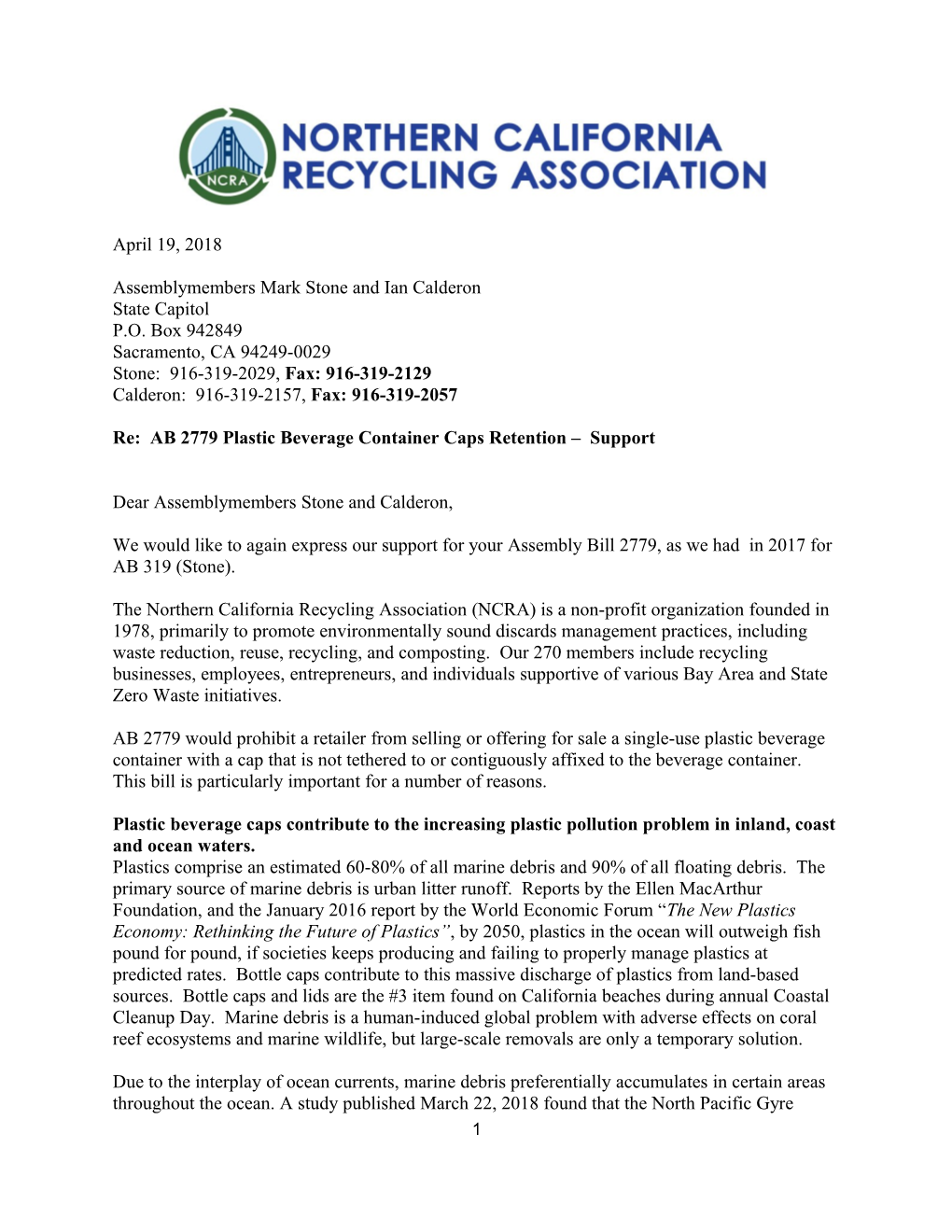Re: AB 2779 Plastic Beverage Container Caps Retention Support