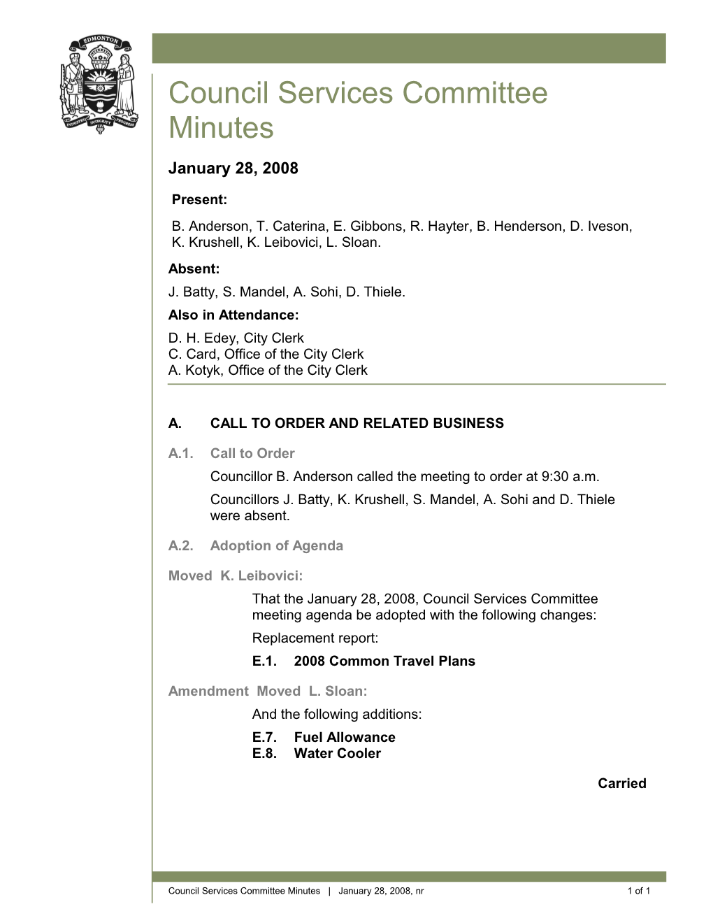 Minutes for Council Services Committee January 28, 2008 Meeting