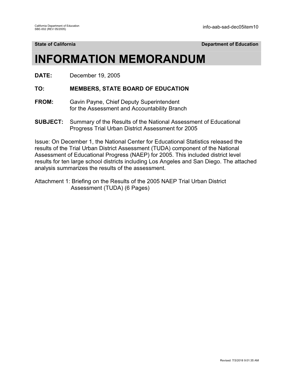 December 2005 SAD Item 10 - Information Memorandum (CA State Board of Education)