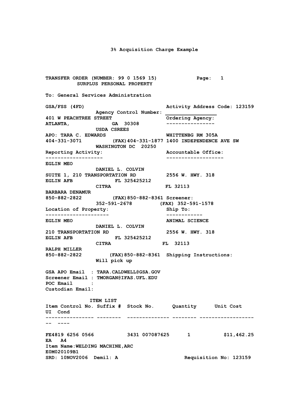 3% Acquisition Charge Example