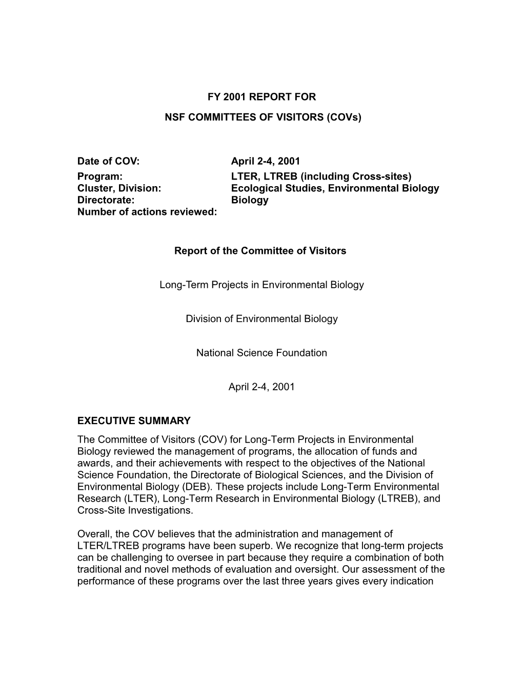 NSF COMMITTEES of VISITORS (Covs)