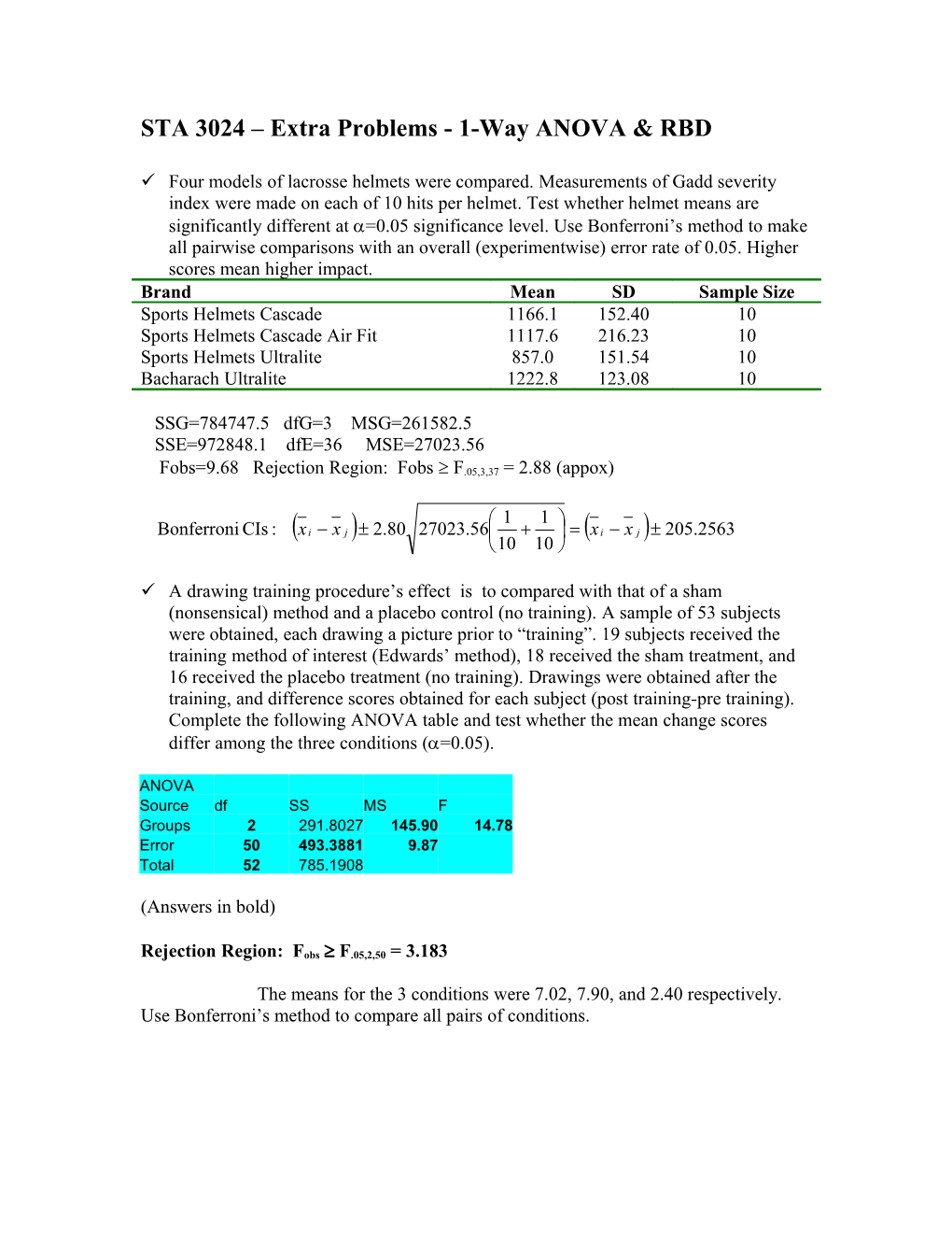 STA 3024 Extra Problems - 1-Way ANOVA