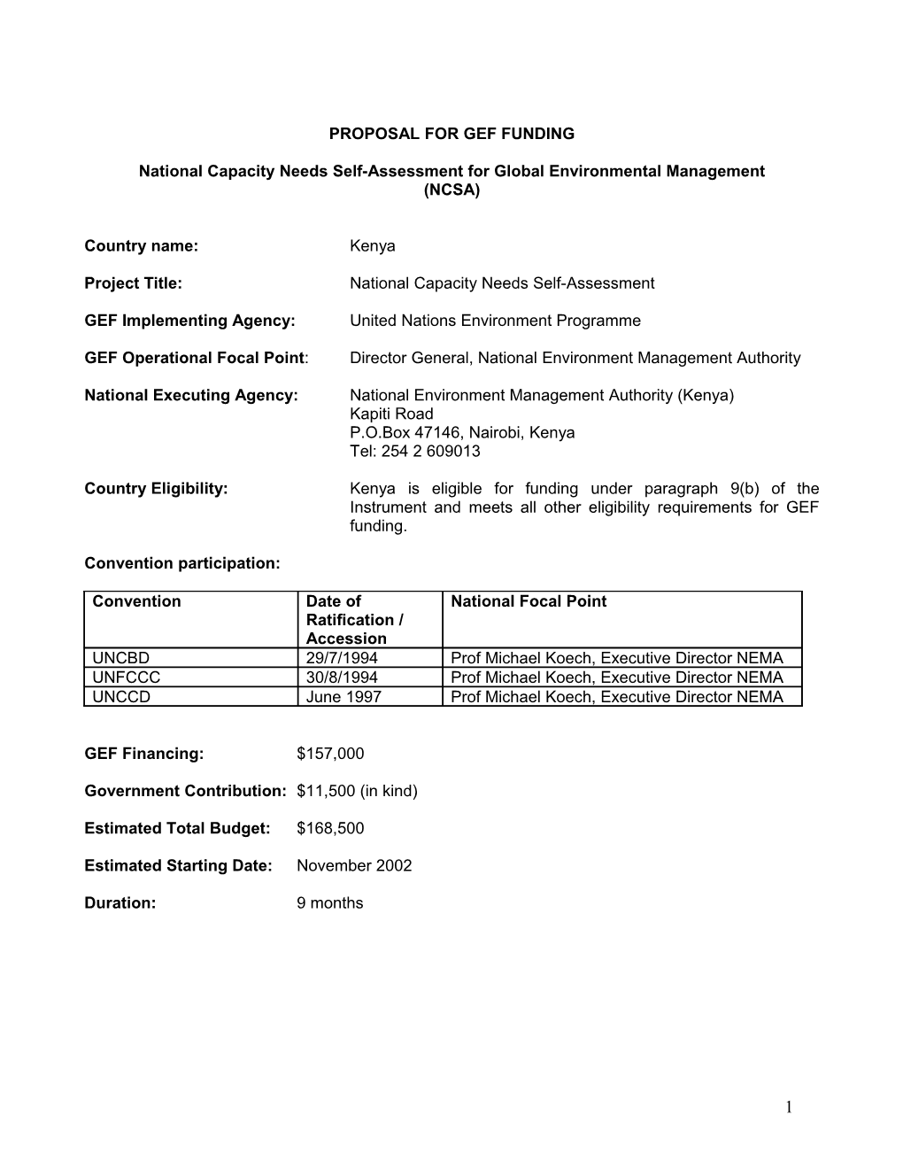 Proposal for Gef Funding