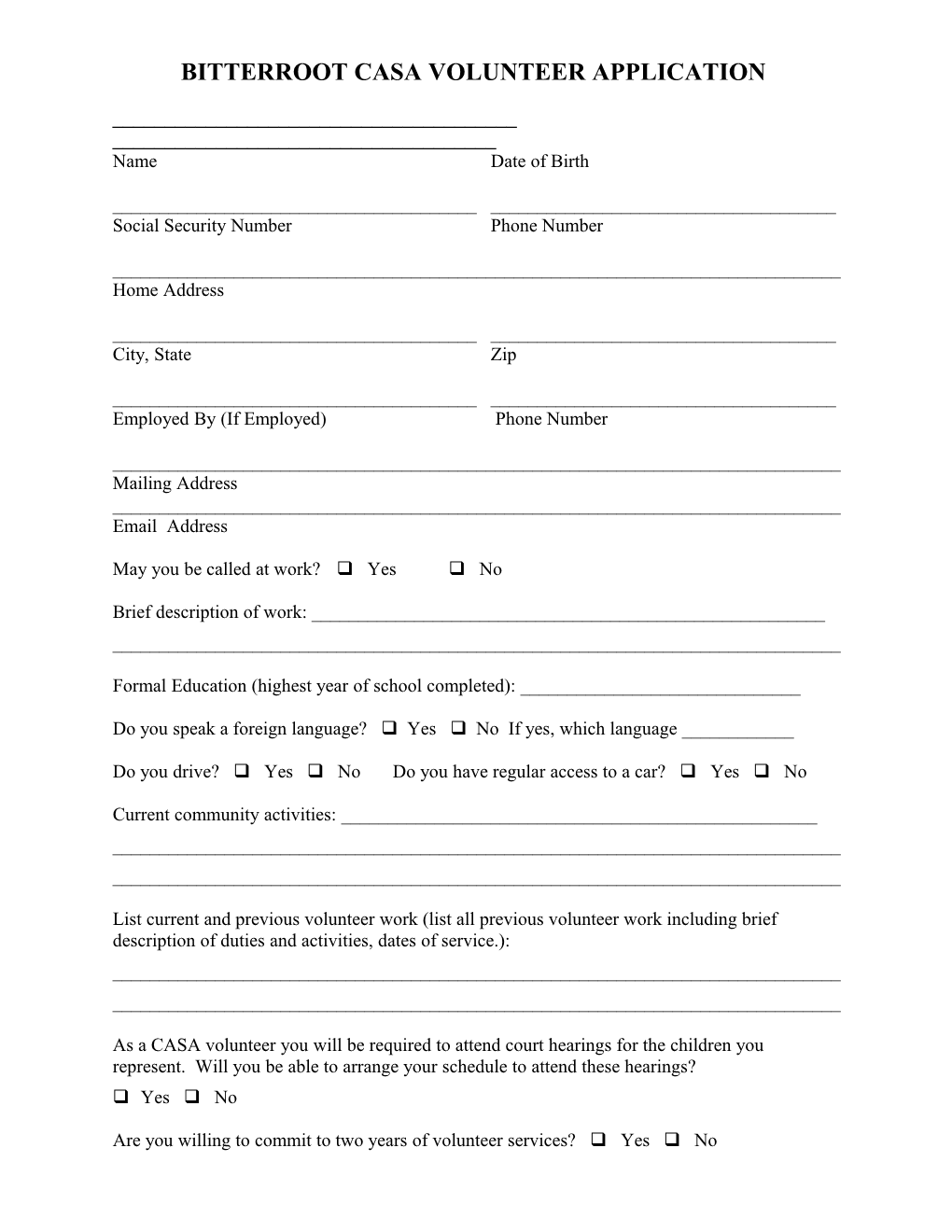 Sample Volunteer Application Form