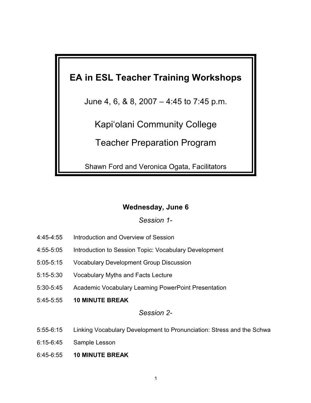 EA in ESL Teacher Training Workshops