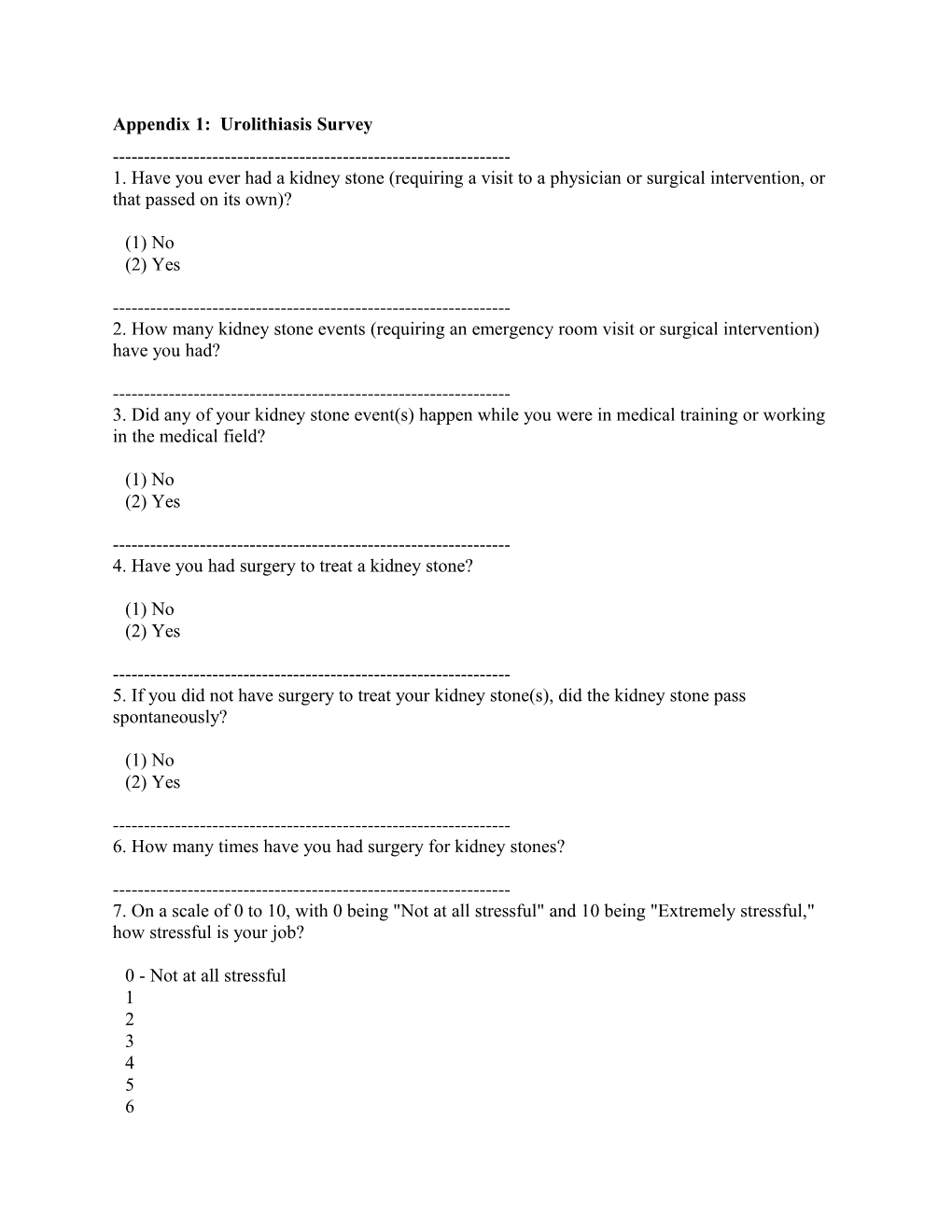 Appendix 1: Urolithiasis Survey