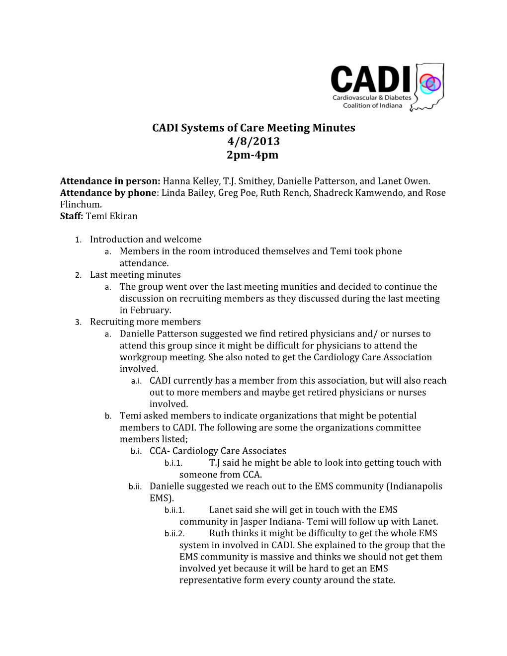 CADI Systems of Care Meeting Minutes