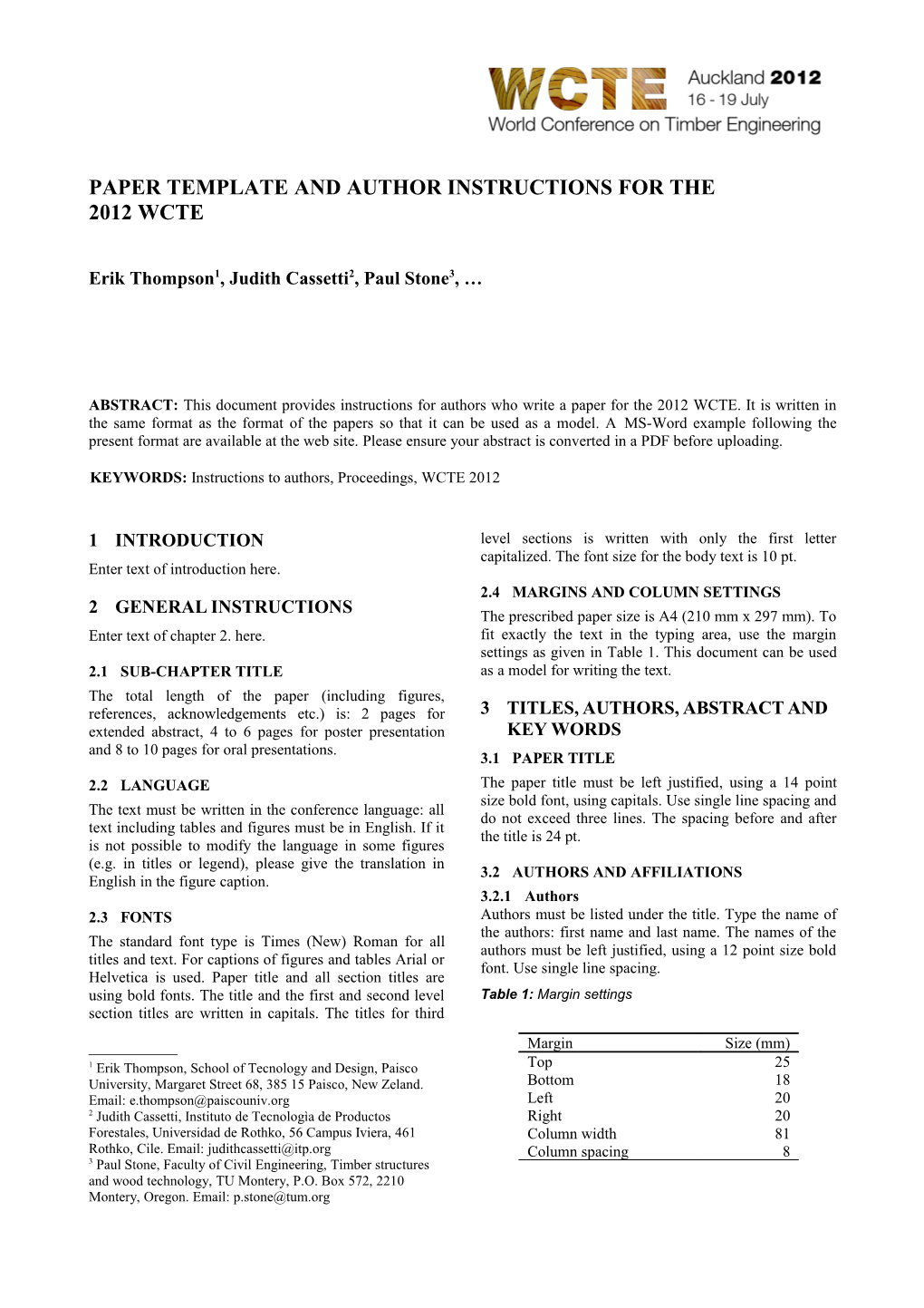 Paper Template and Author Instructions for the 2012 Wcte