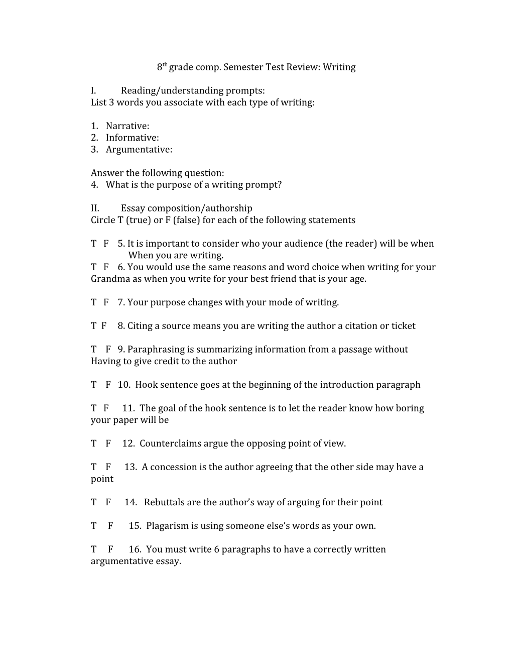 8Th Grade Comp. Semester Test Review: Writing