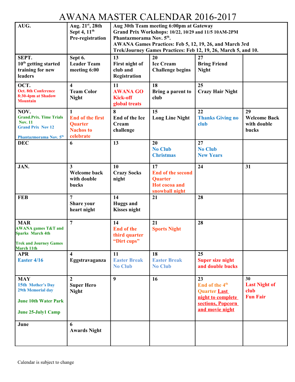 Awana Master Calendar 2016-2017