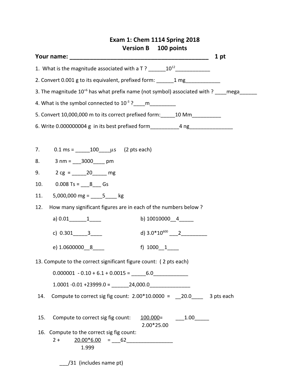 Exam 1: Chem 1114 Spring 2018