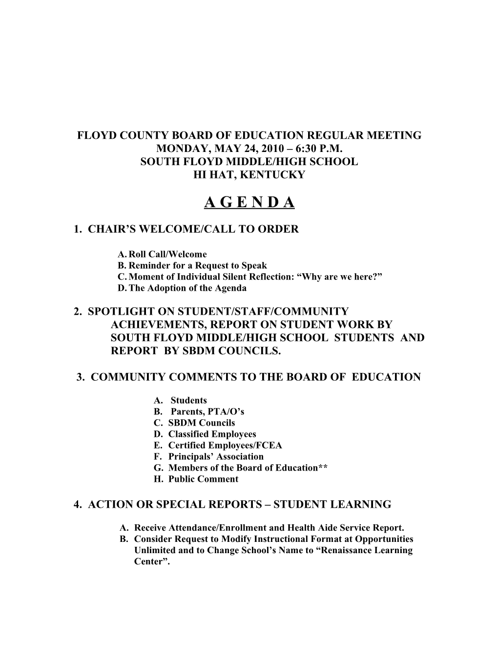 Floyd County Board of Education Regular Meeting