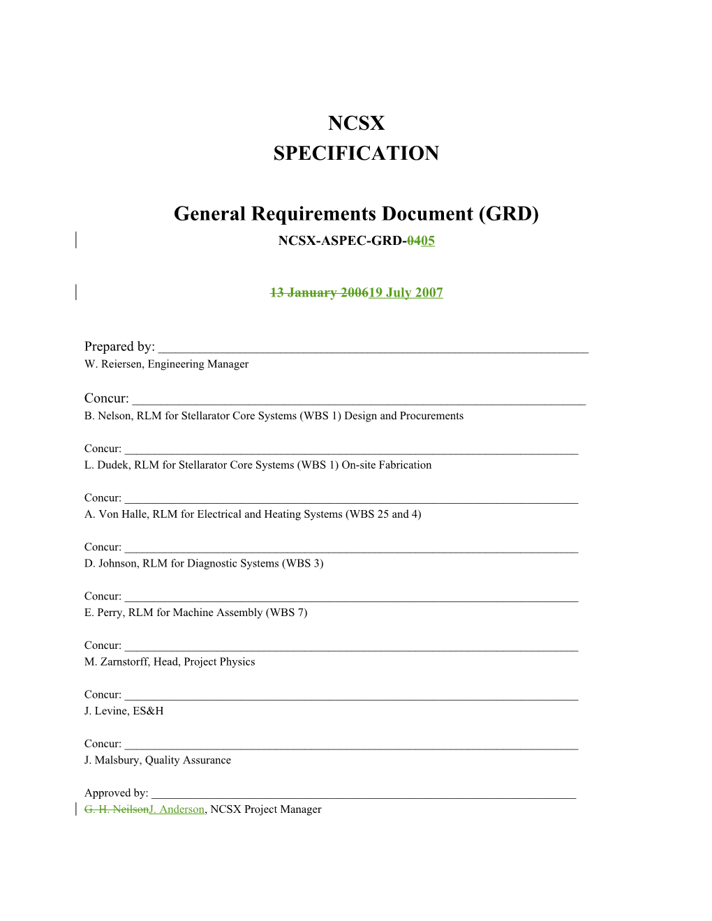 General Requirements Document (GRD)