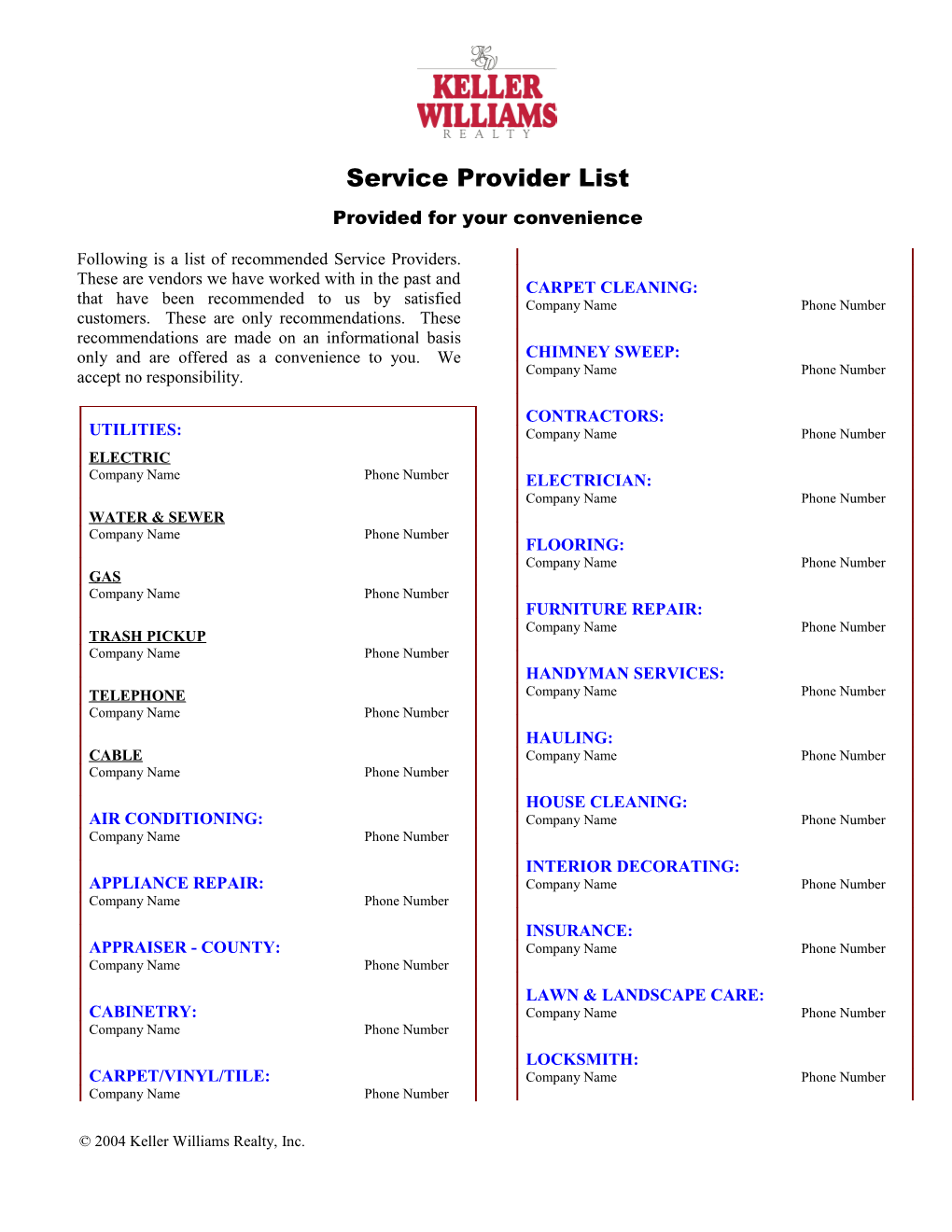 Following Is a List of Recommended Service Providers