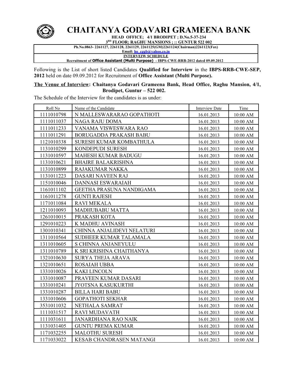 The Venue of Interview: Chaitanya Godavari Grameena Bank, Head Office, Raghumansion, 4/1