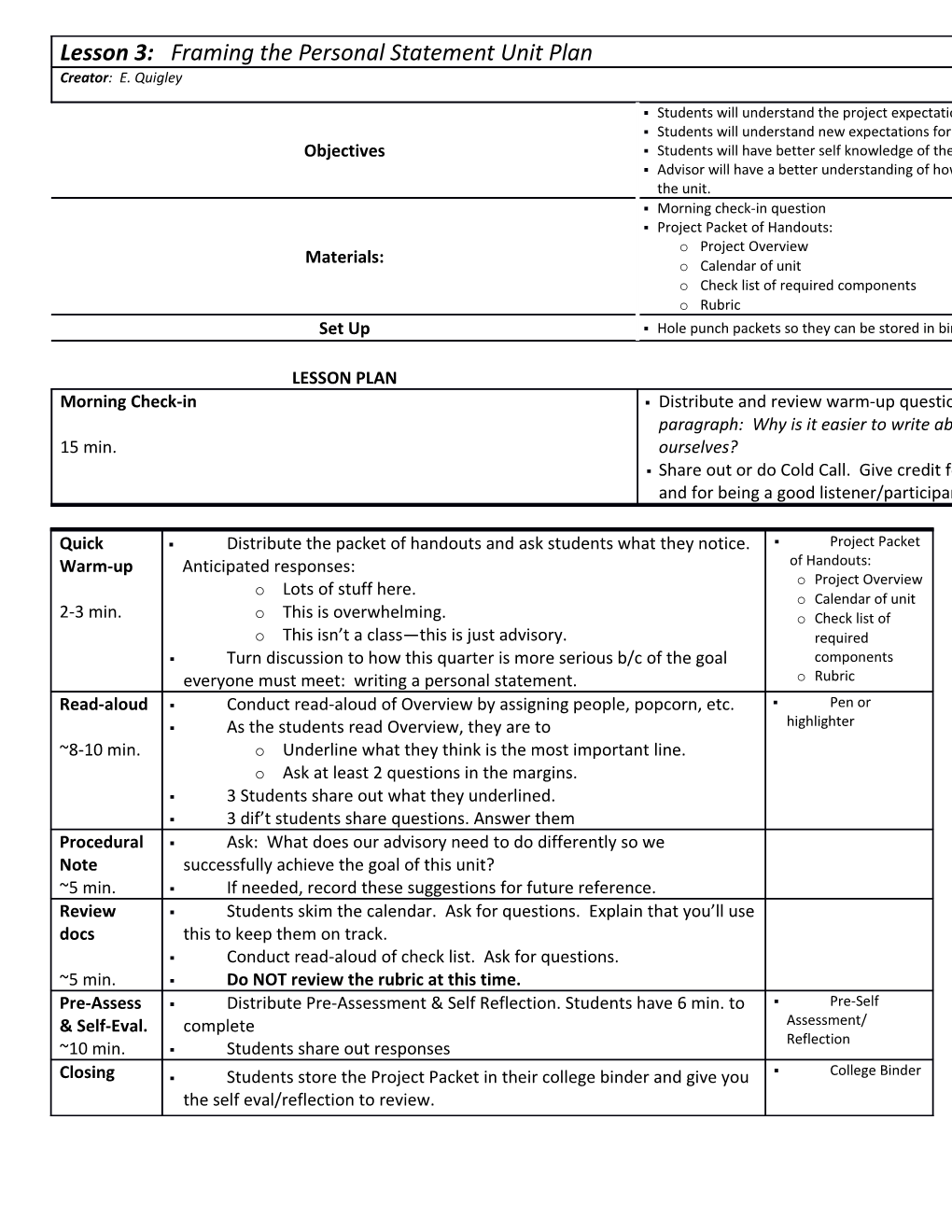 Students Will Understand the Project Expectations and Timeframe