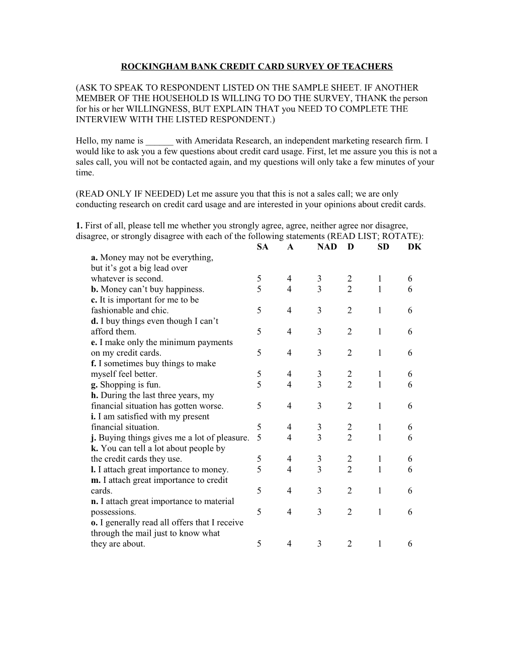 Rockingham Bank Credit Card Survey of Teachers