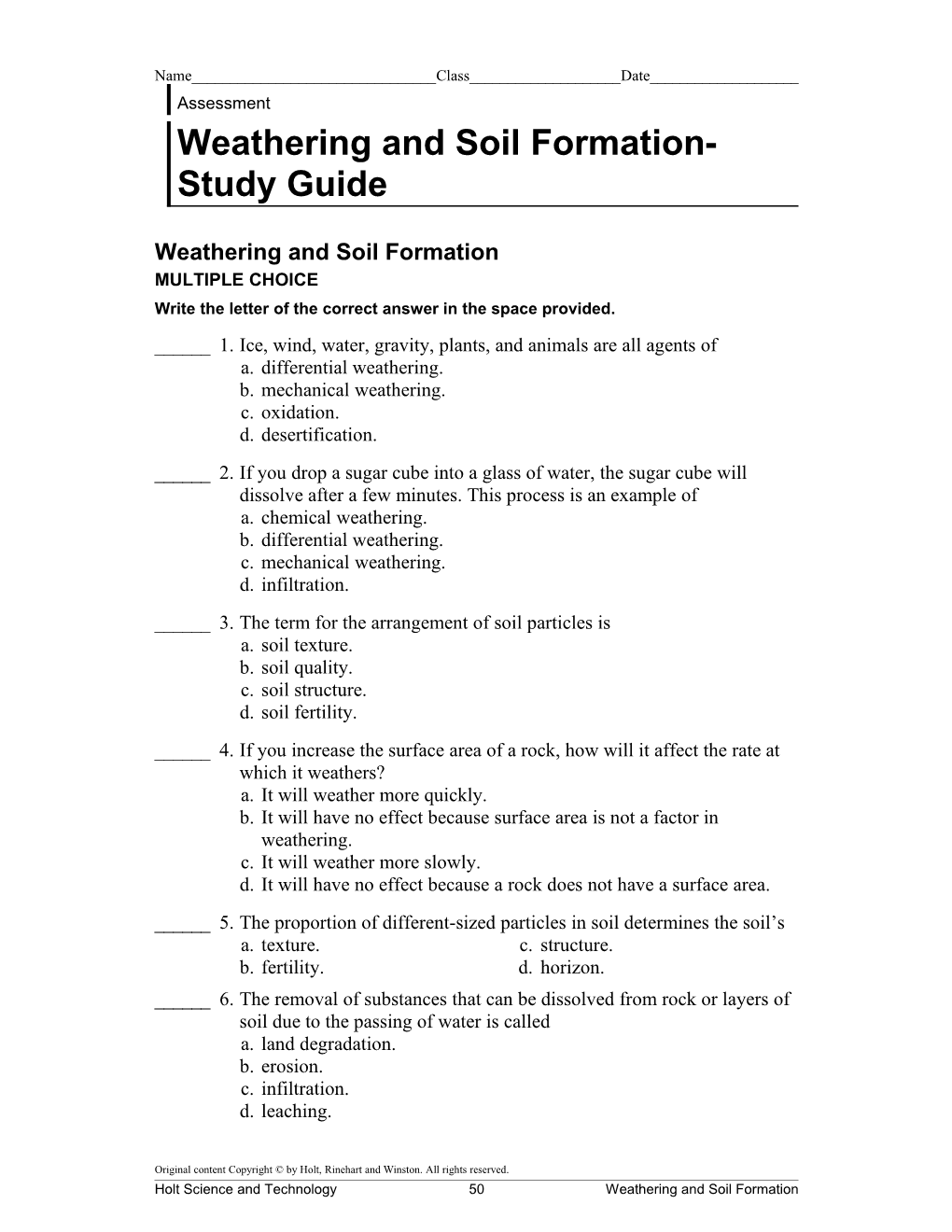 Weathering and Soil Formation- Study Guide