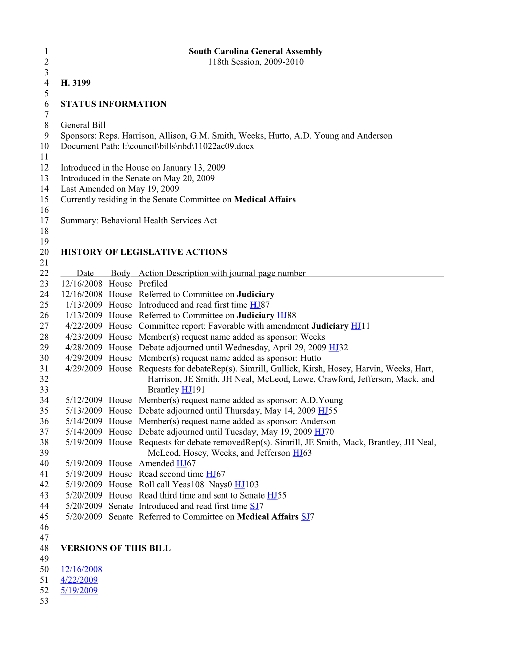 2009-2010 Bill 3199: Behavioral Health Services Act - South Carolina Legislature Online