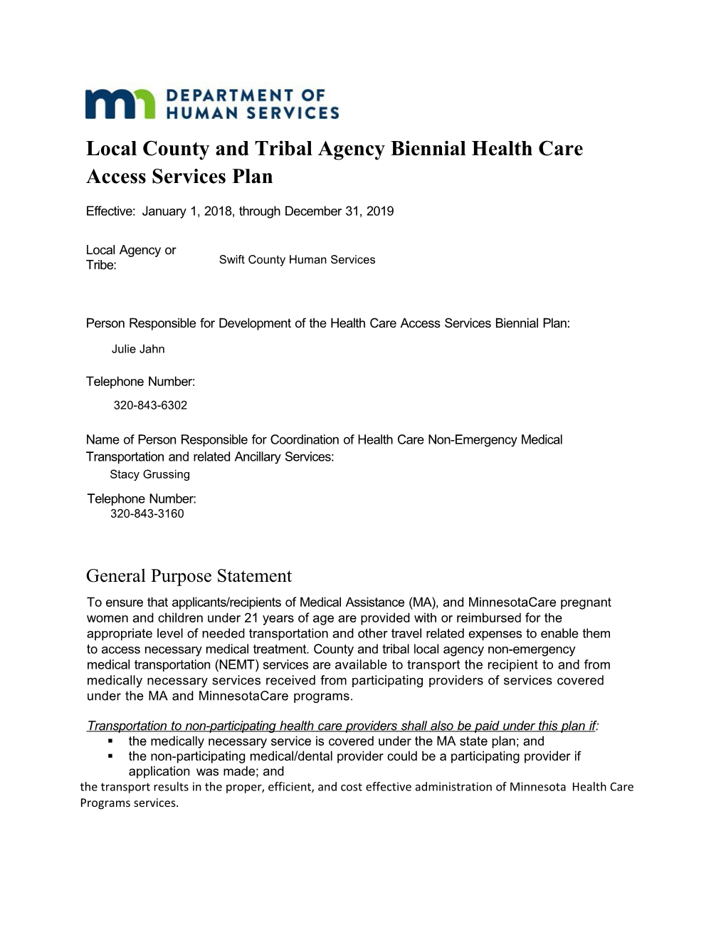 Bulletin 18-21-02 DHS Requests Biennial Health Care Access Plans for Calendar Years 2018