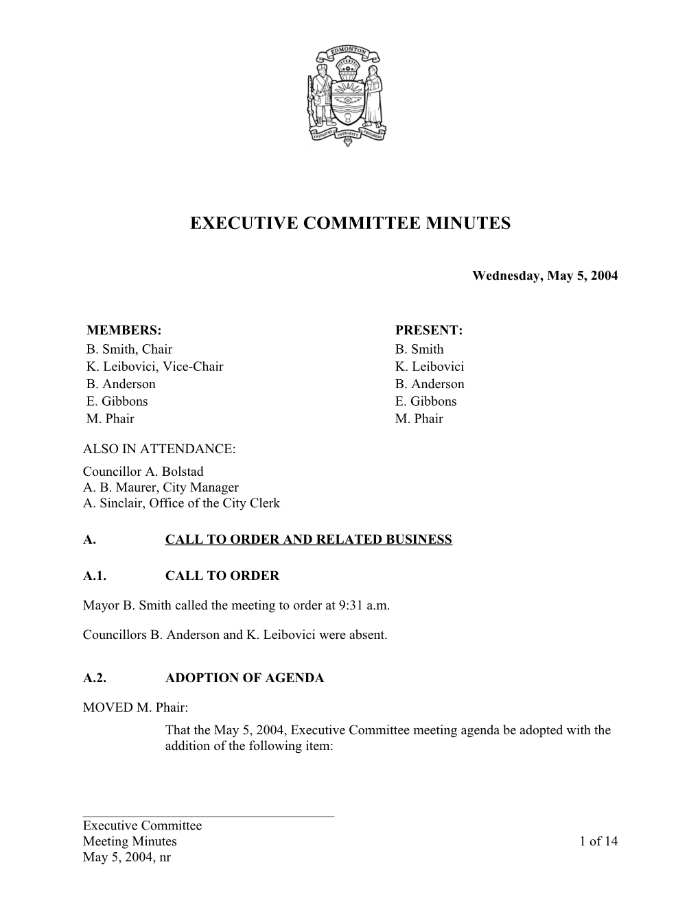 Minutes for Executive Committee May 5, 2004 Meeting