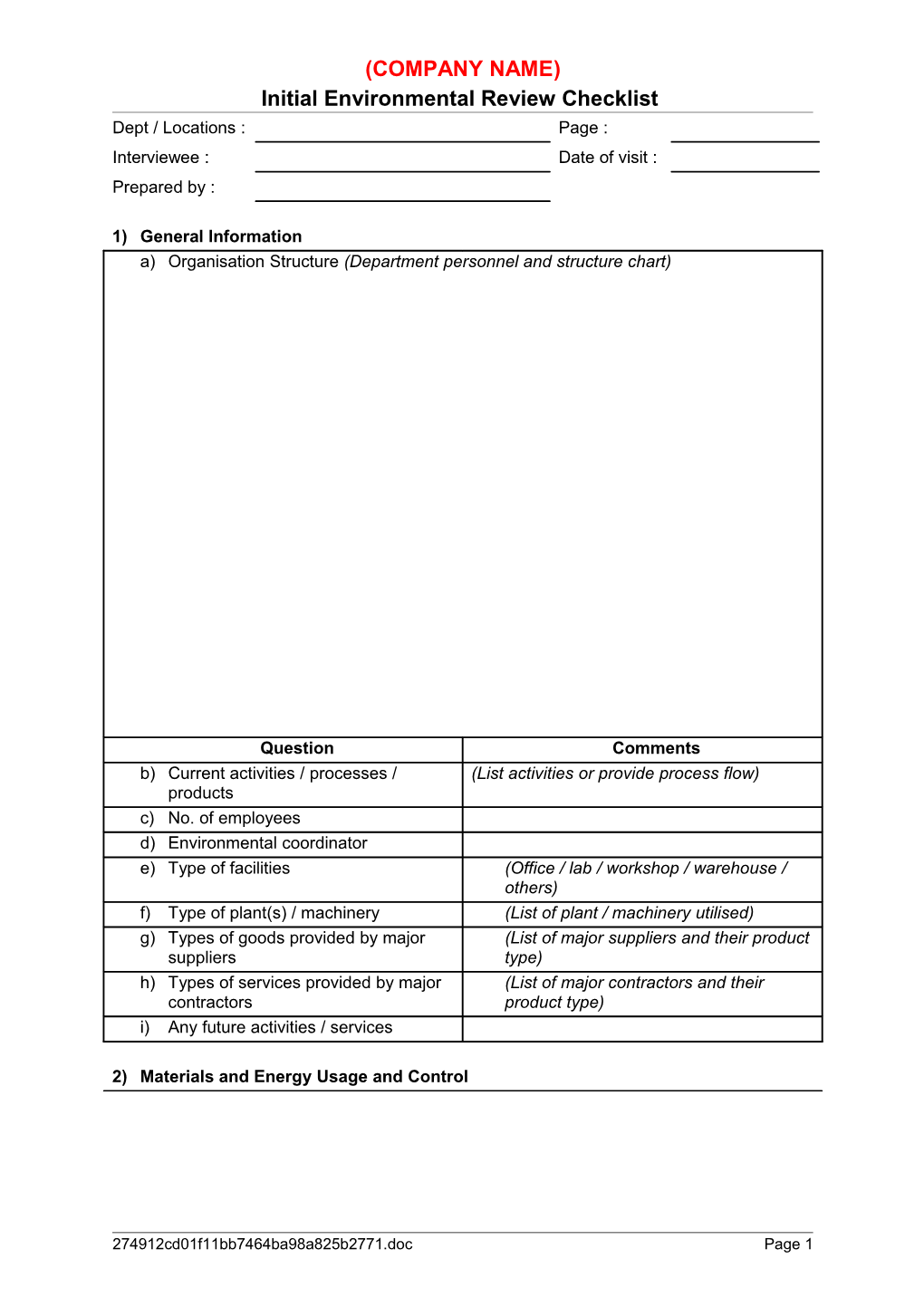 Initial Environmental Review Checklist Company General Information