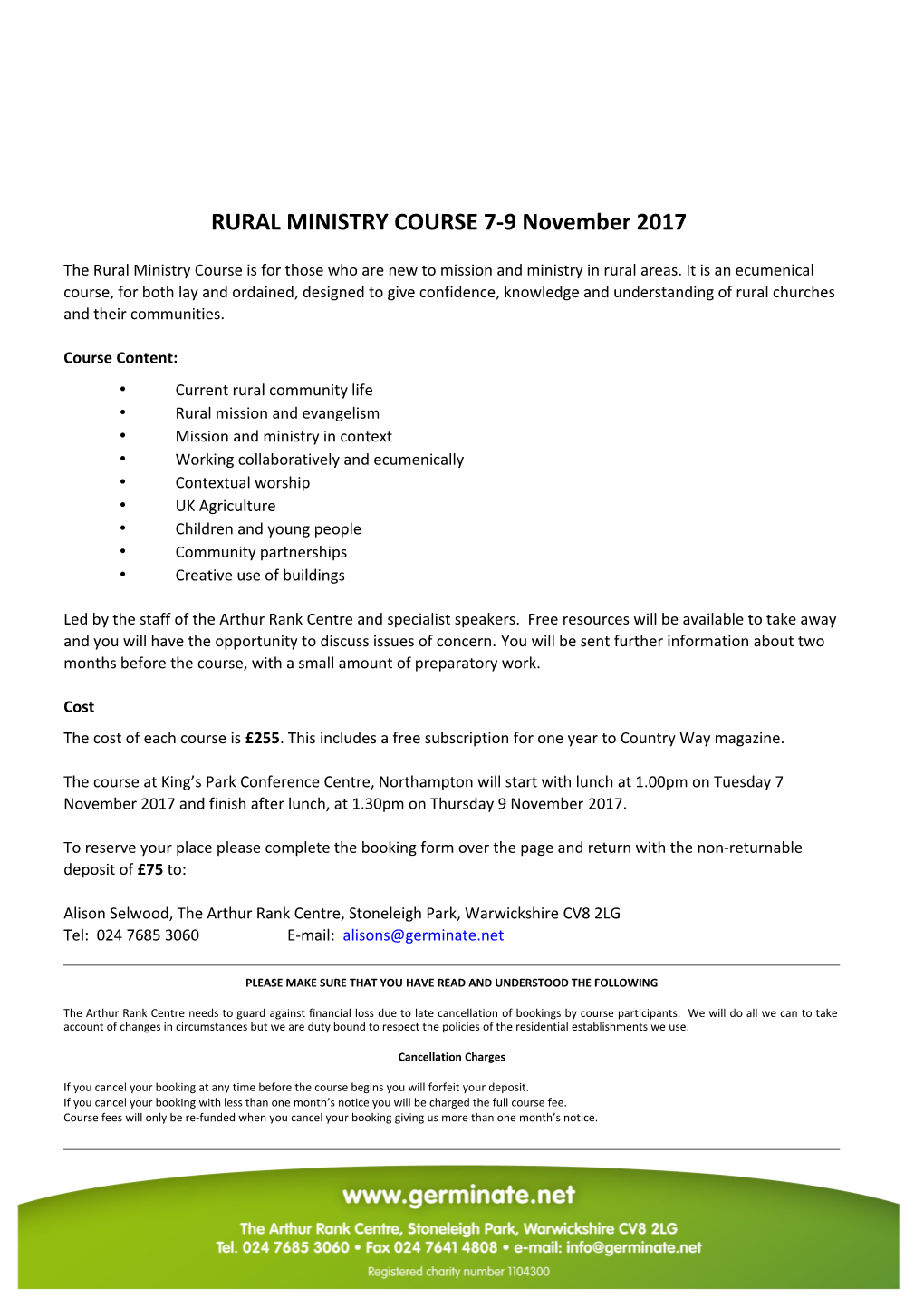 RURAL MINISTRY COURSE 7-9 November 2017