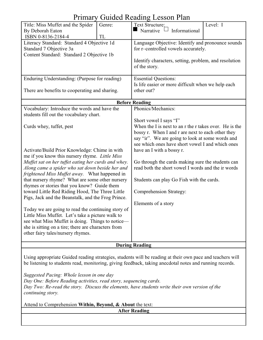 Primary Guided Reading Lesson Plan s7