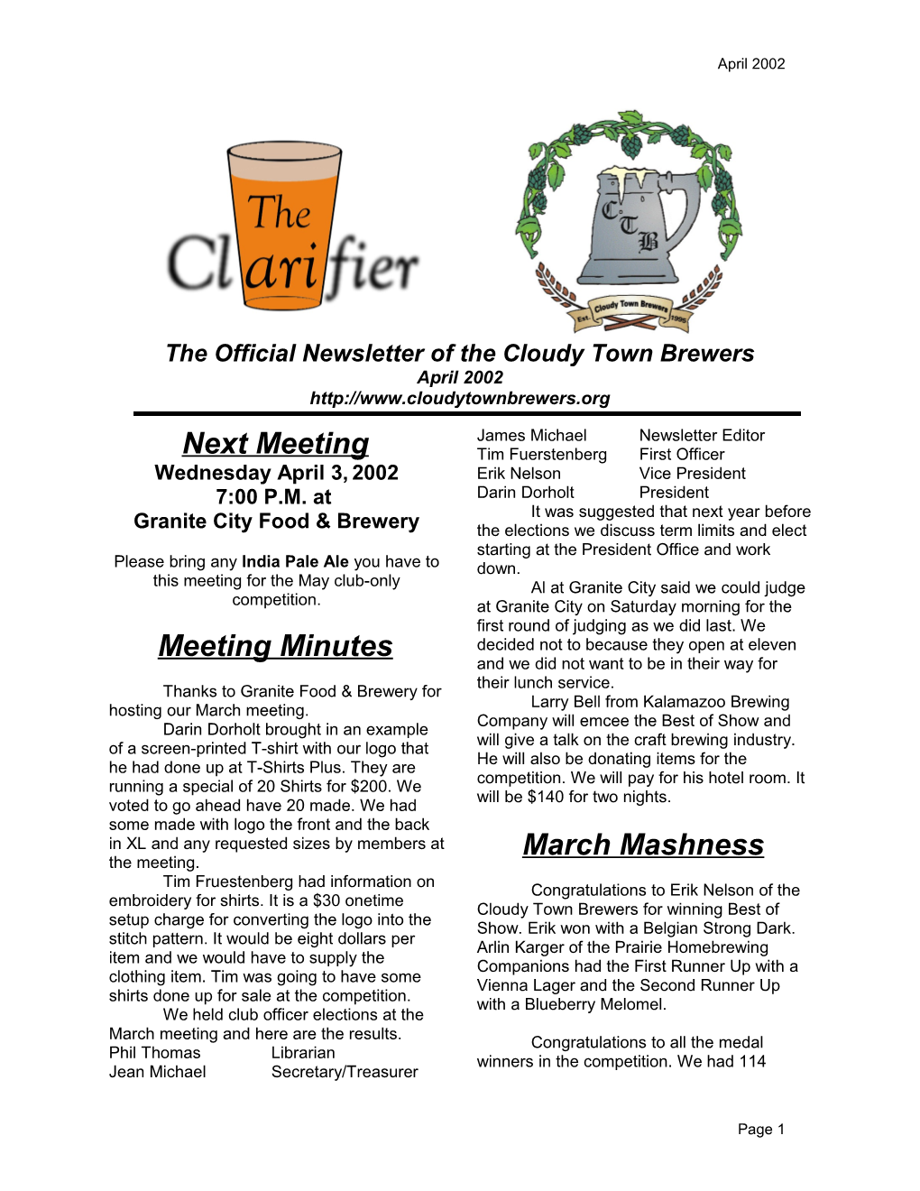 The Official Newsletter of the Cloudy Town Brewers