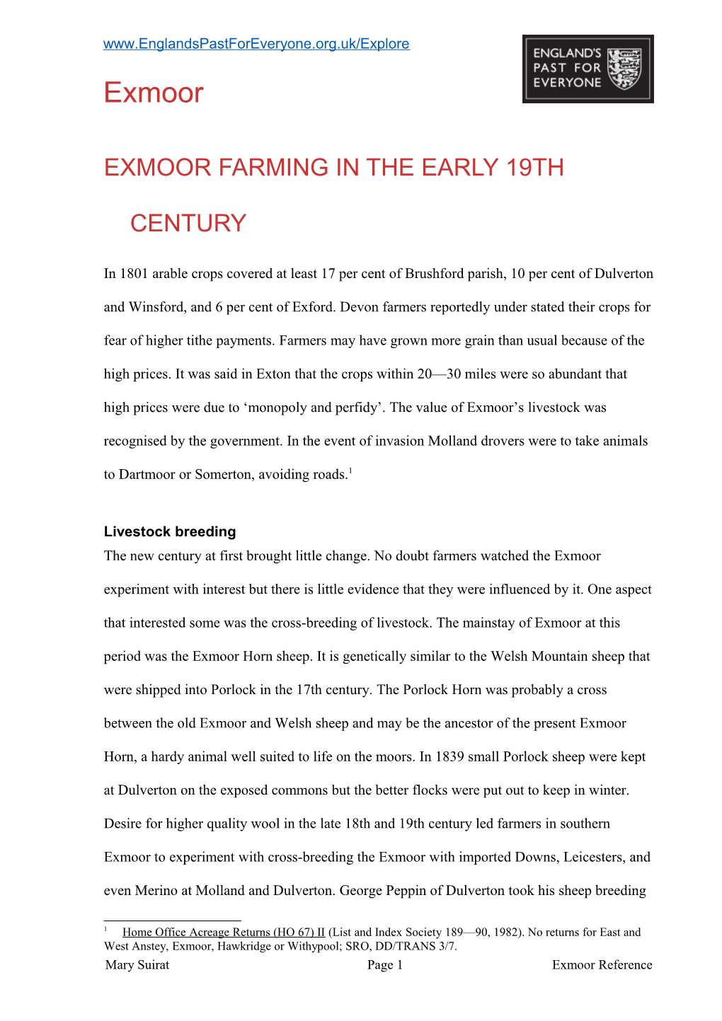Exmoor Farming in the Early 19Th Century